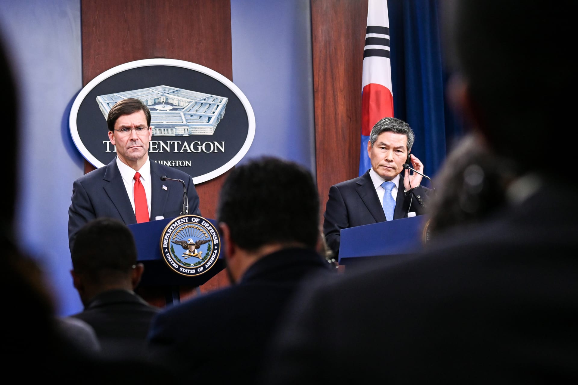 <p>U.S. Defense Secretary Mark Esper and South Korea’s National Defense Minister Jeong Kyeong-doo participate in a news conference at the Pentagon in Washington, DC, on February 24, 2020.</p>
