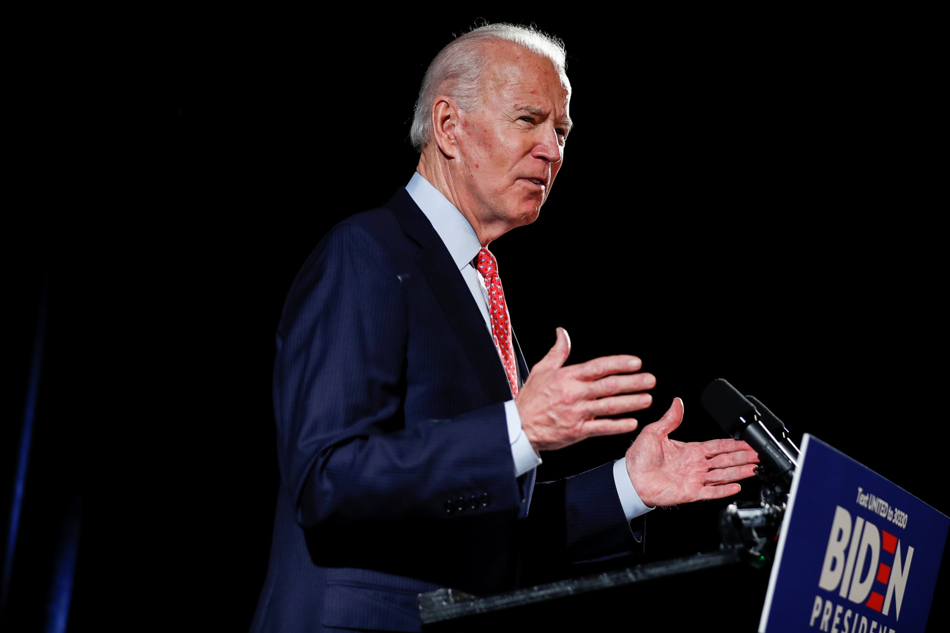 <p>Democratic U.S. presidential candidate and former Vice President Joe Biden speaks about the COVID-19 coronavirus pandemic at an event in Wilmington, Delaware, U.S., March 12, 2020.</p>
