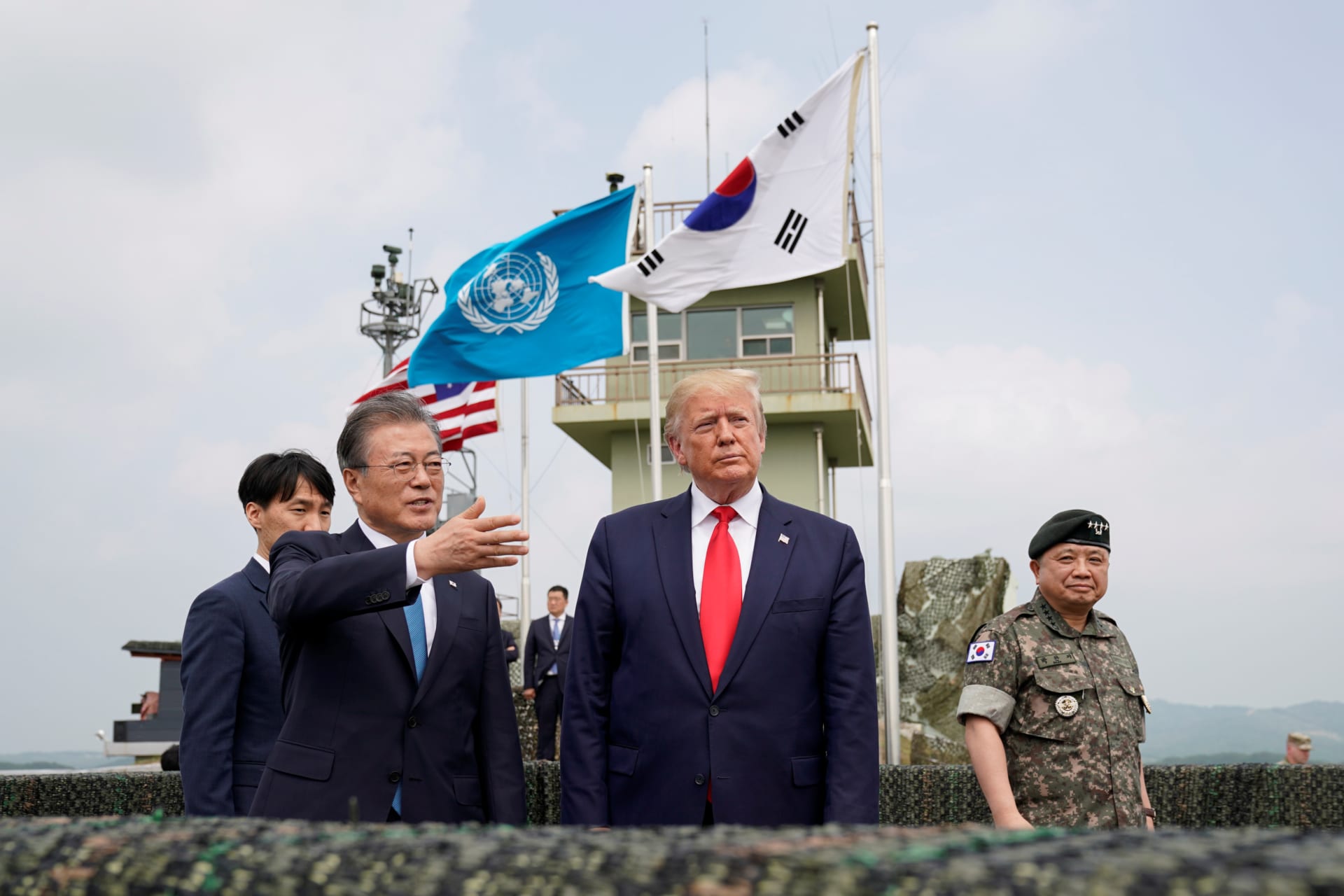 <p>U.S. President Donald J. Trump and South Korean President Moon Jae-in visit the demilitarized zone separating the two Koreas, in Panmunjom, South Korea, on June 30, 2019. </p>
