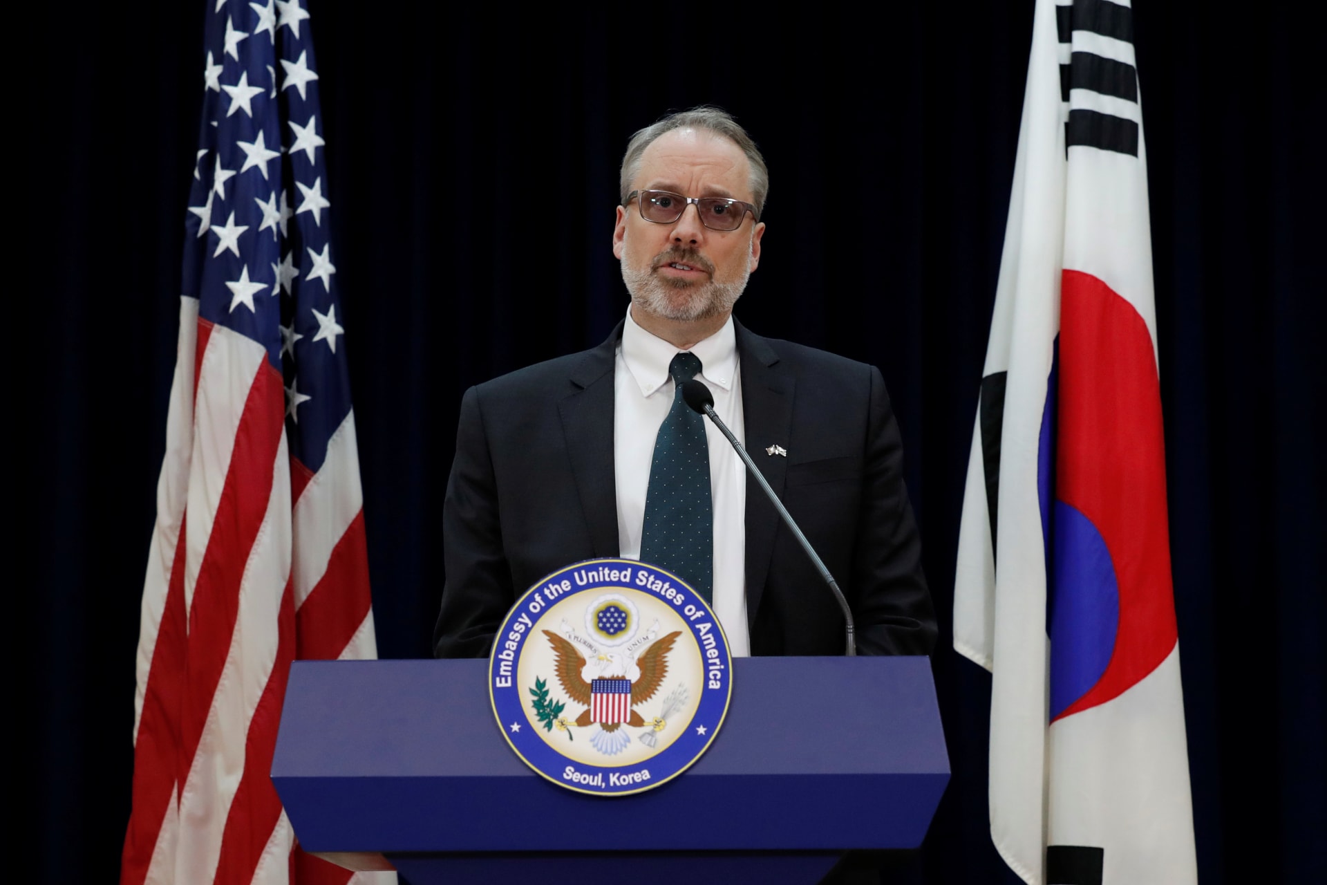<p>James DeHart, senior adviser for security negotiations at the U.S. State Department, speaks after meeting with his South Korean counterpart on the Special Measures Agreement (SMA) in Seoul, South Korea, on November 19, 2019. </p>
