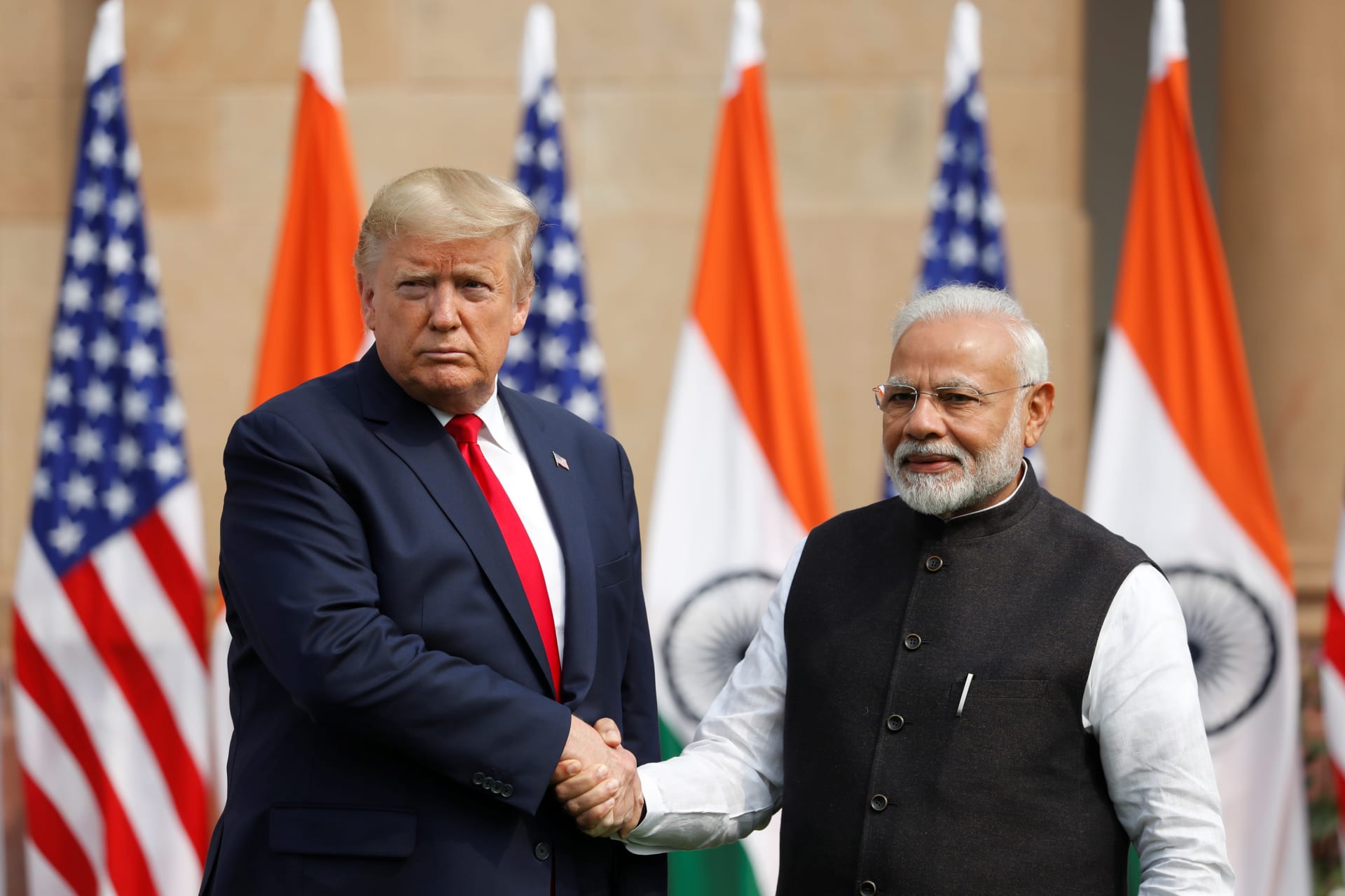 <p>U.S. President Donald J. Trump shakes hands with Indian Prime Minister Narendra Modi at Hyderabad House in New Delhi, India, on February 25, 2020.</p>
