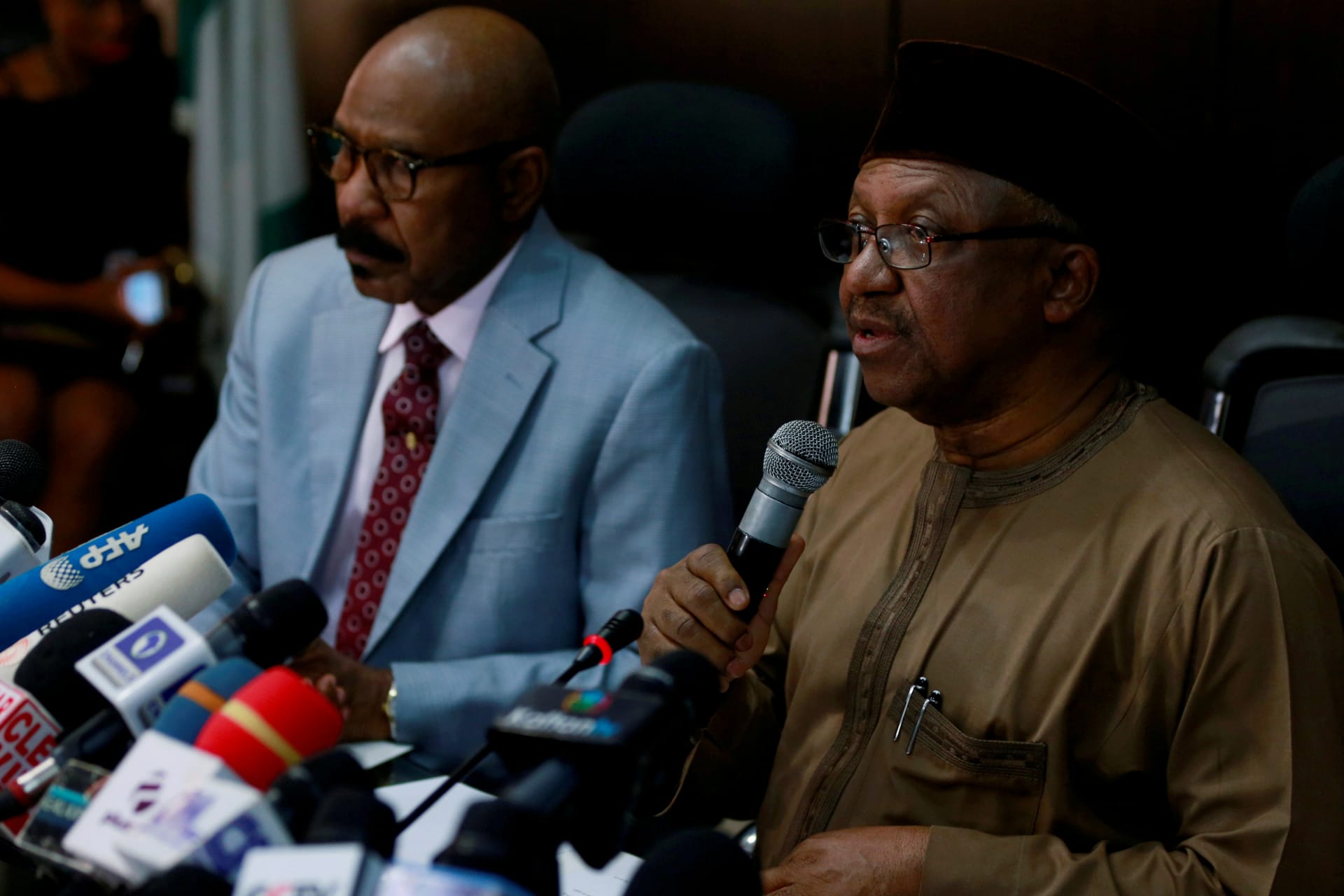 <p>Nigeria’s Minister of Health Osagie Ehanire briefs the media on the status of the novel coronavirus, COVID-19, in Abuja, Nigeria, on March 2, 2020. </p>
