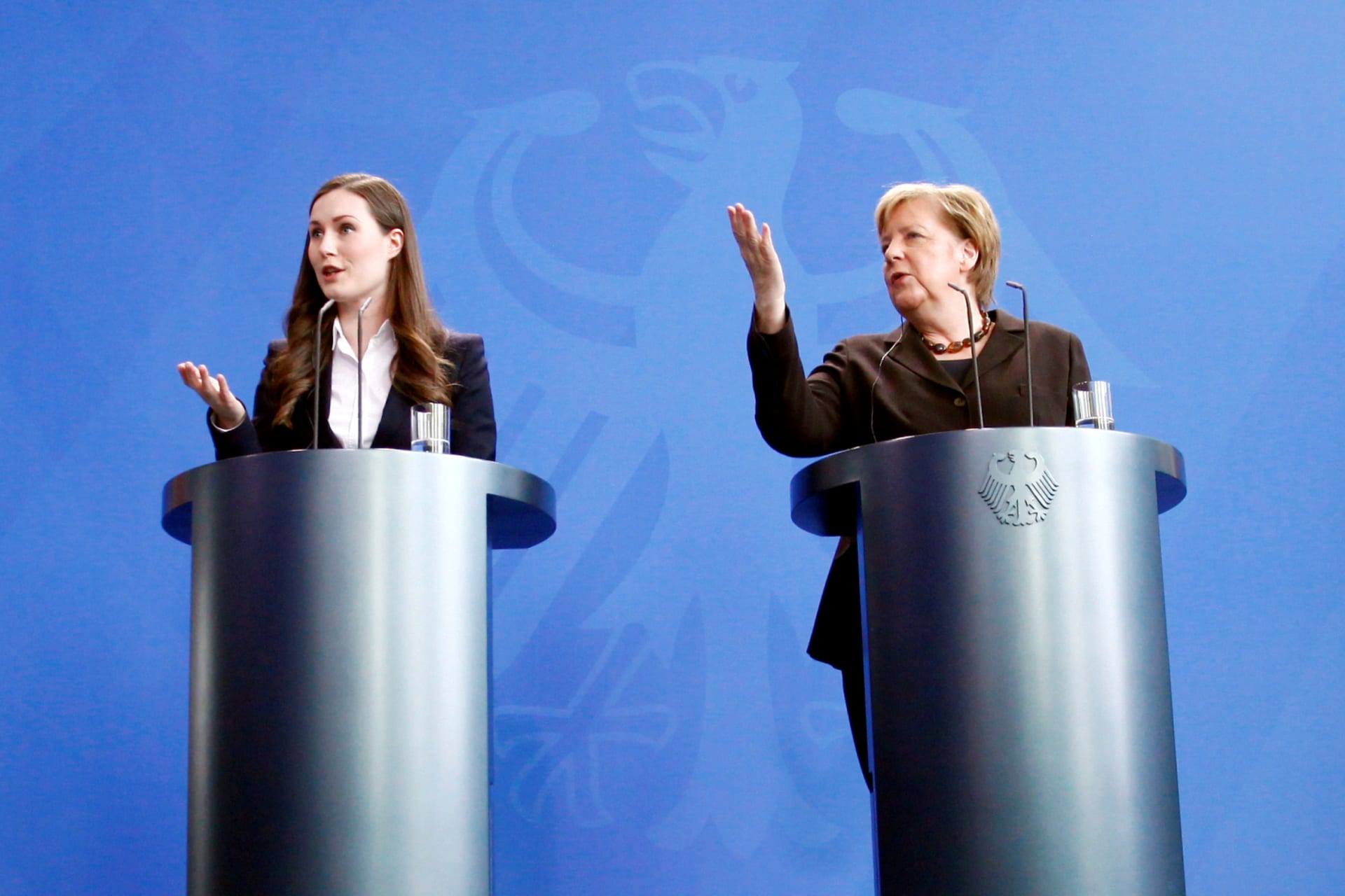 <p>Finland’s Prime Minister Sanna Marin and Germany’s Chancellor Angela Merkel at a news conference in Berlin, Germany. February 19, 2020.</p>
