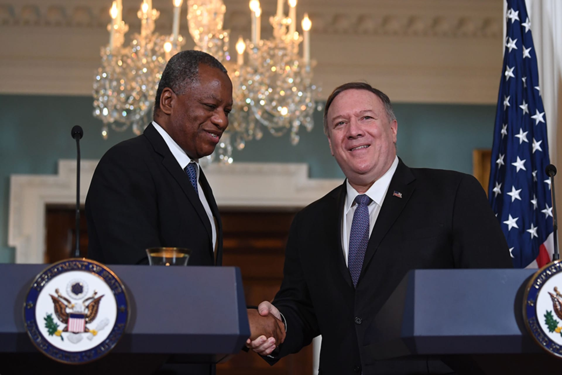 <p>Nigerian Minister of Foreign Affairs Geoffrey Onyeama shakes hands with US Secretary of State Mike Pompeo at the Department of State on February 4, 2020, in Washington, DC. </p>
