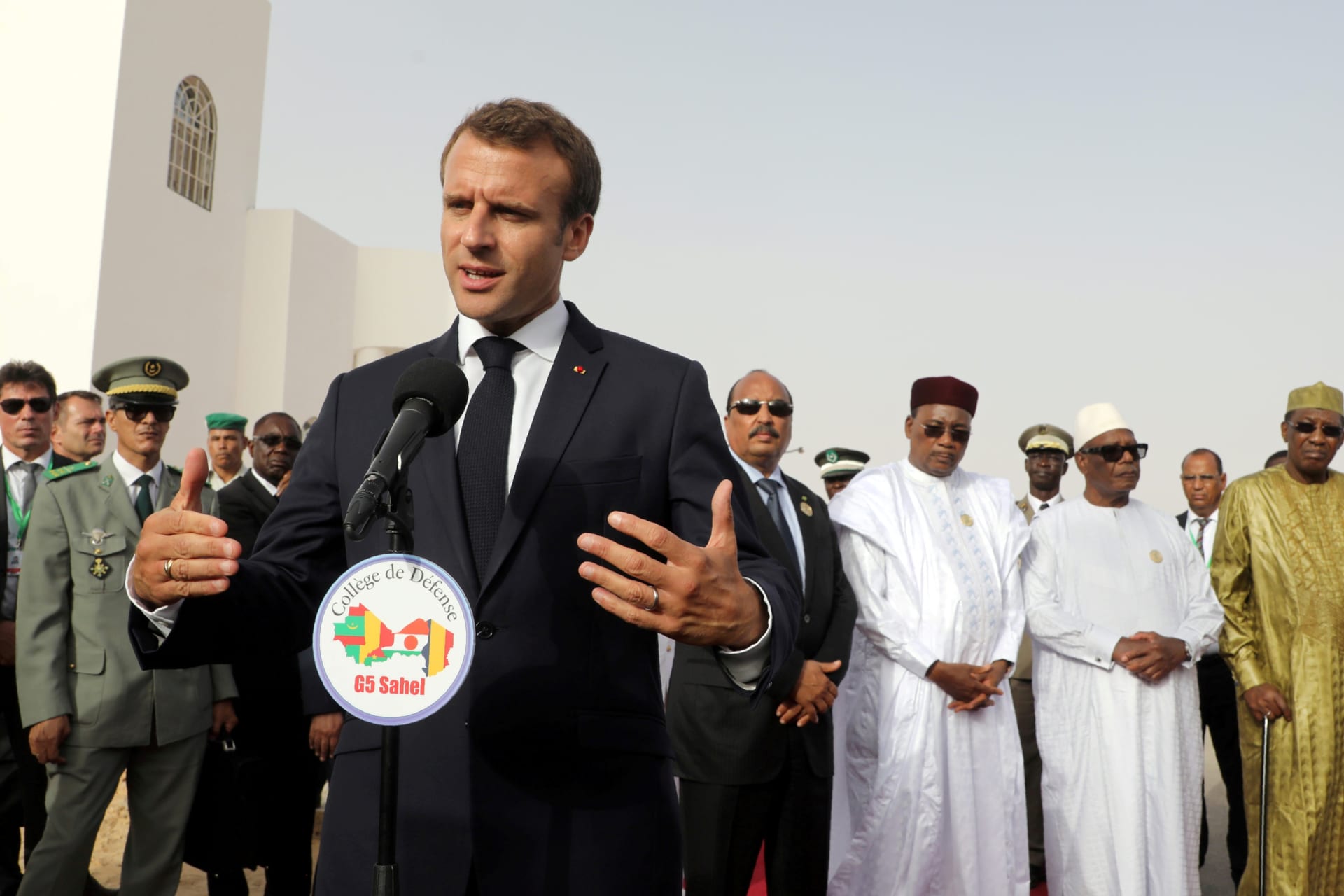 <p>French President Emmanuel Macron delivers a speech during a press conference ahead of a G5 Sahel force meeting, with the heads of state for G5 Sahel countries, in Nouakchott, Mauritania, July 2, 2018.</p>
