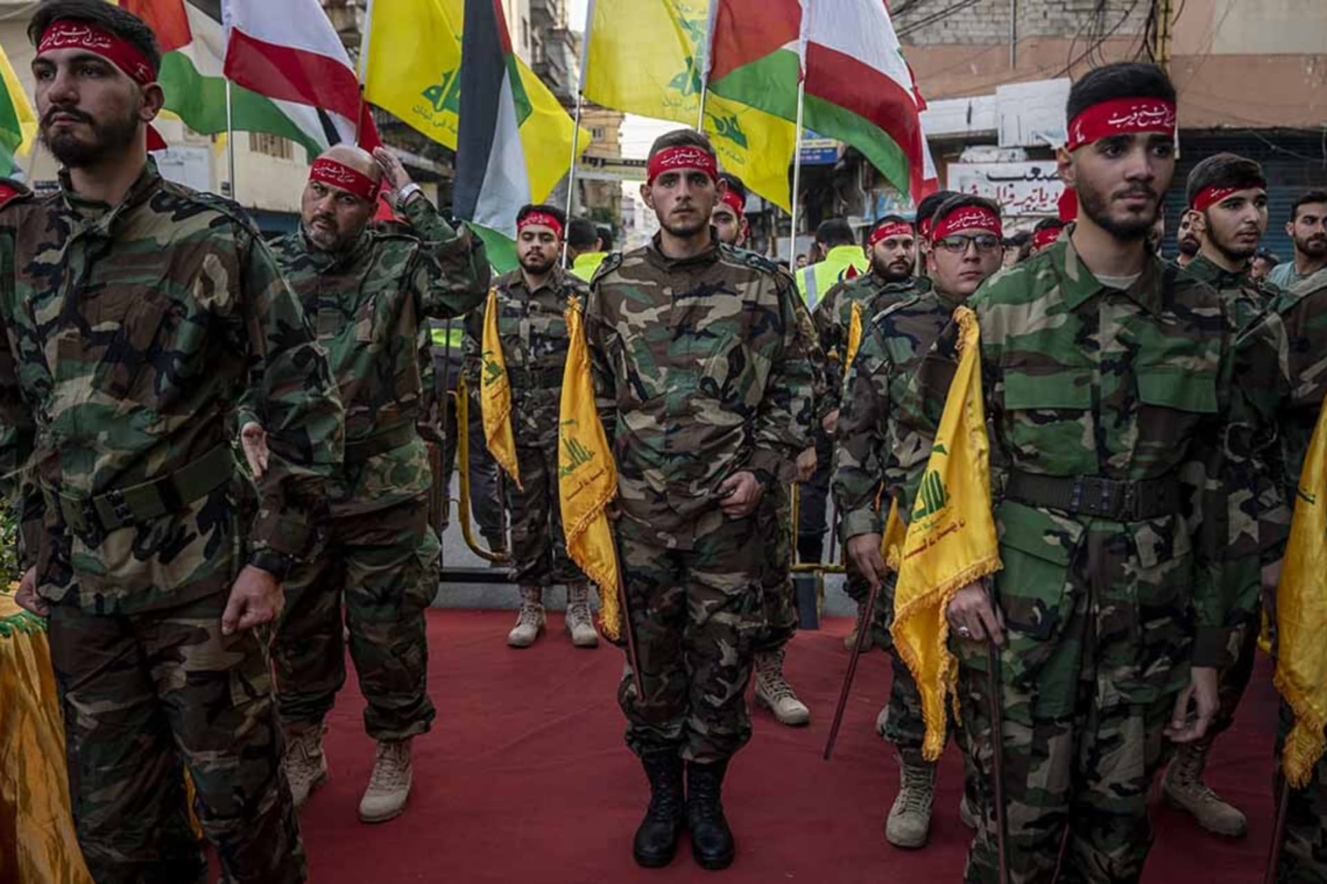 <p>Militants in Beirut, Lebanon, gather for the funeral of a Hezbollah member killed during border clashes with Israel, on October 22, 2023.</p>
