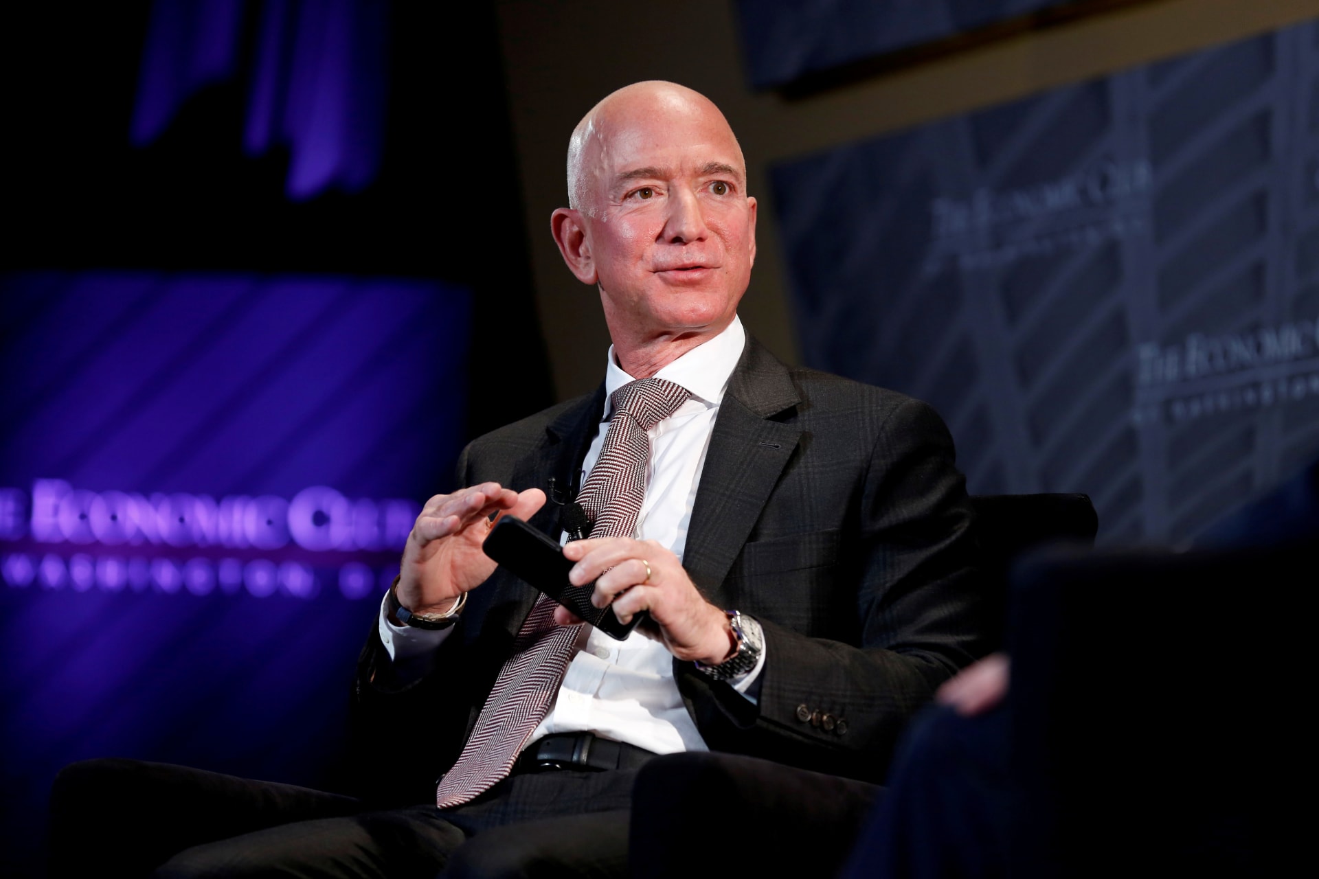 <p> Jeff Bezos, president and CEO of Amazon and owner of The Washington Post, speaks at the Economic Club of Washington DC’s “Milestone Celebration Dinner.”</p>
