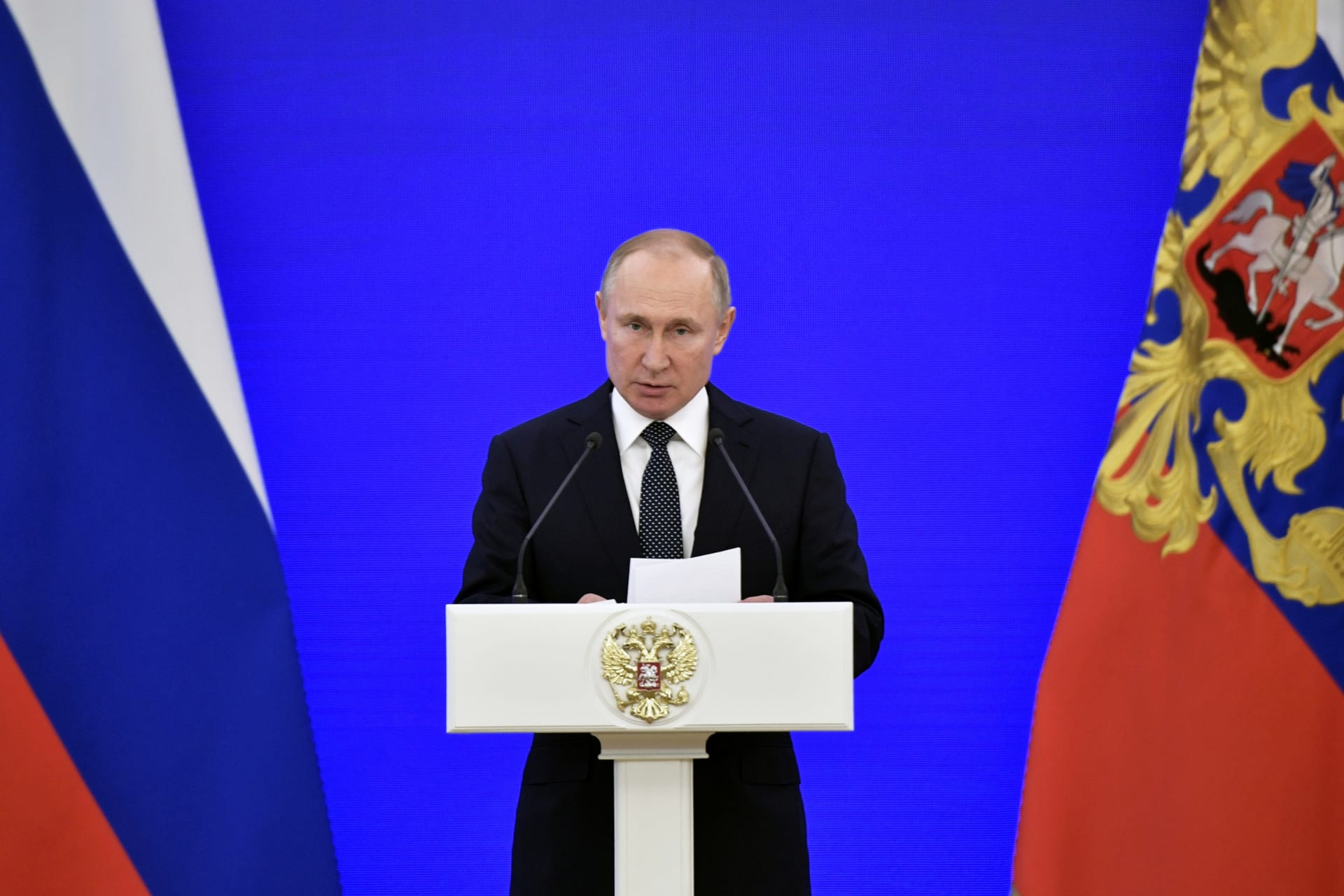 <p>Russian President Vladimir Putin delivers a speech during the reception to mark the Day of the Heroes, at the Kremlin in Moscow, Russia</p>
