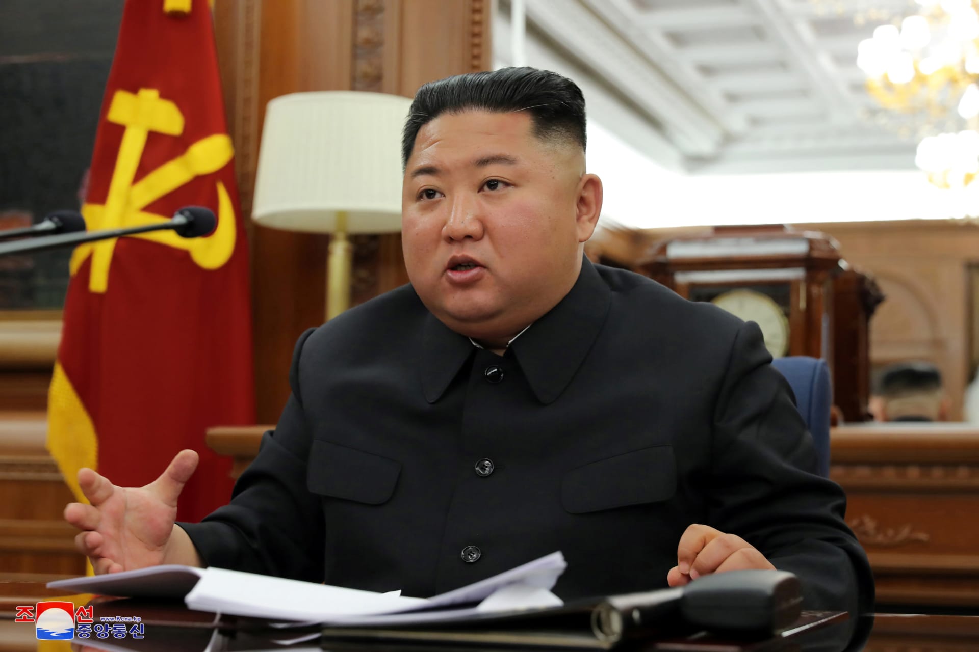 <p>North Korean leader Kim Jong-un speaks during the Third Enlarged Meeting of the Seventh Central Military Commission of the Workers’ Party of Korea in this undated photo released on December 22, 2019 by North Korea’s Korean Central News Agency (KCNA). </p>