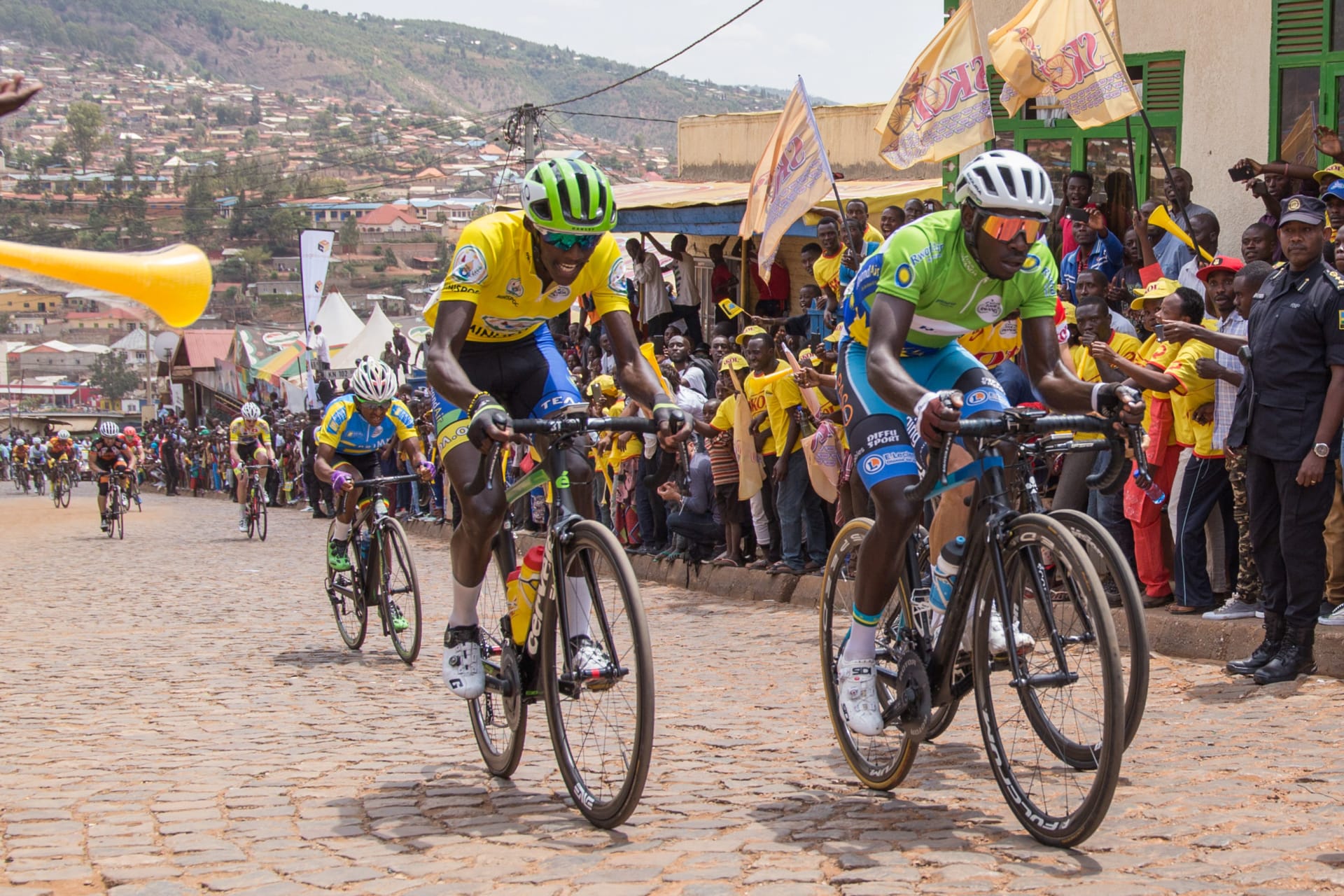 <p>Samuel Mugisha of Team Rwanda competes during the Tour du Rwanda 2018 in Kigali, Rwanda, on August 12, 2018.</p>
