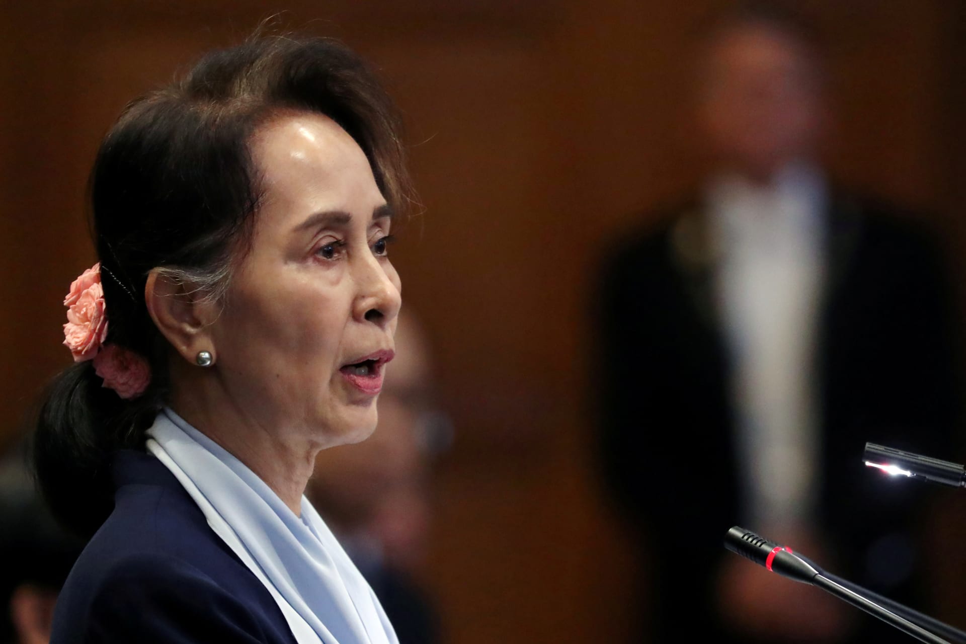 <p>Myanmar’s leader Aung San Suu Kyi speaks on the second day of hearings in a case filed against Myanmar alleging genocide against the Muslim Rohingya population, at the International Court of Justice in The Hague, Netherlands on December 11, 2019. </p>
