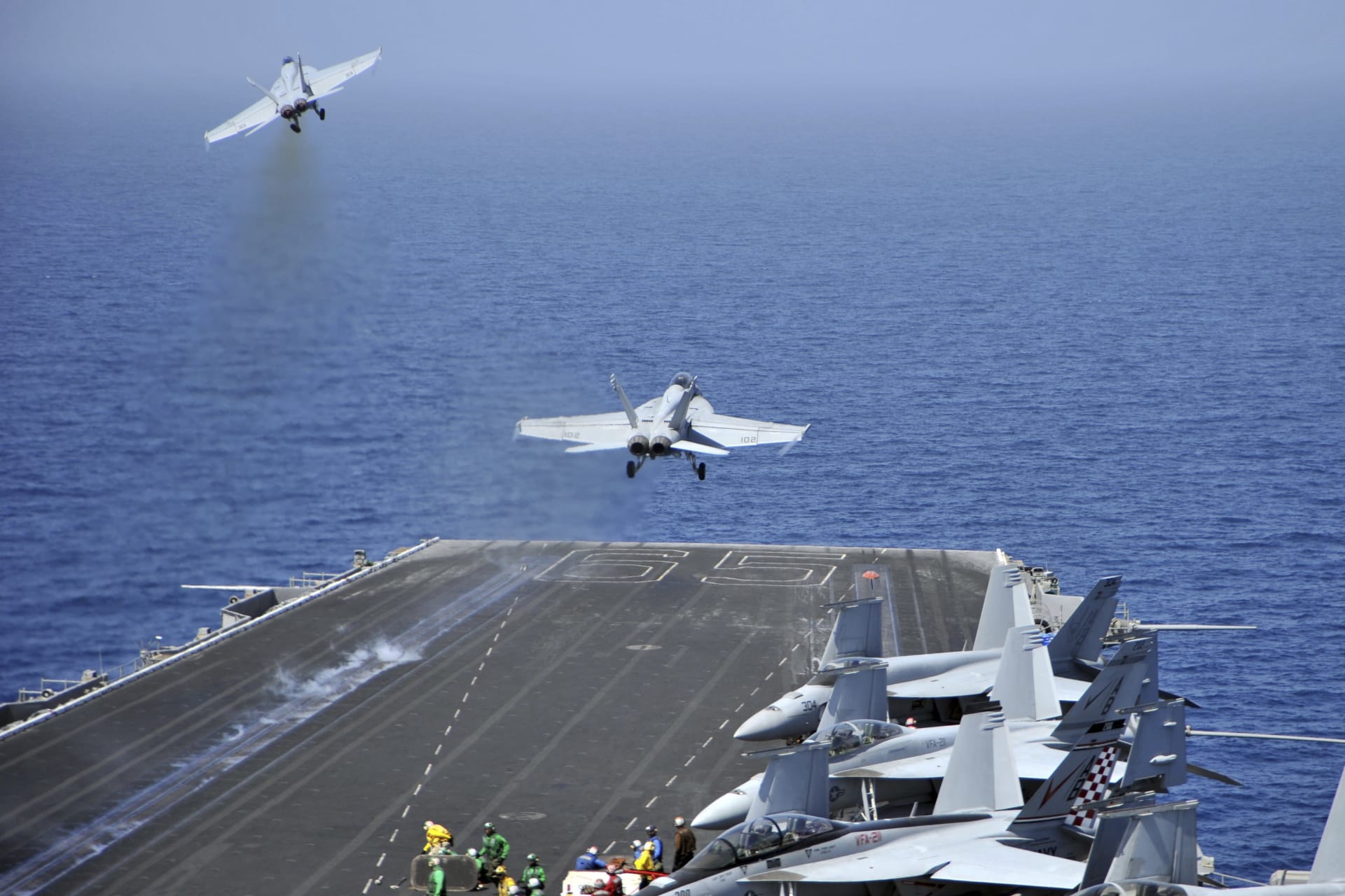 <p>F/A-18F Super Hornets launch from the USS Enterprise in the Red Sea.</p>
