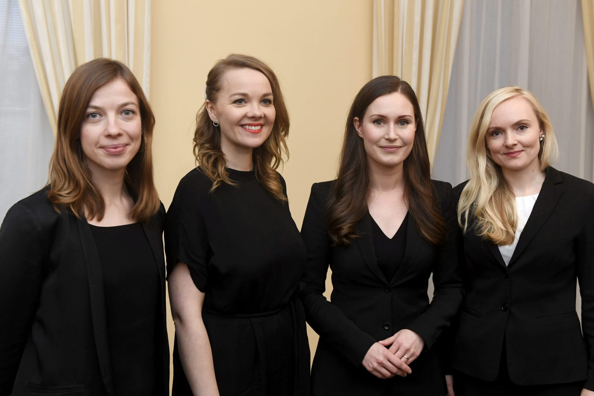 <p>Finland’s Prime Minister Sanna Marin, Minister of Education Li Andersson, Minister of Finance Katri Kulmuni and Minister of Interior Maria Ohisalo pose after the first meeting of the new government in Helsinki, Finland December 10, 2019.</p>
