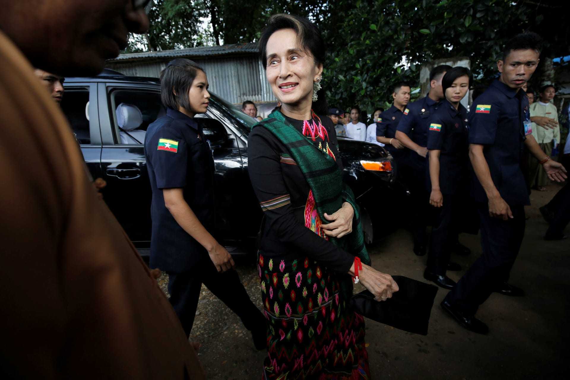 <p>Myanmar’s State Counsellor Aung San Suu Kyi arrives at a school in Kawhmu, Yangon, Myanmar, on July 18, 2019.</p>
