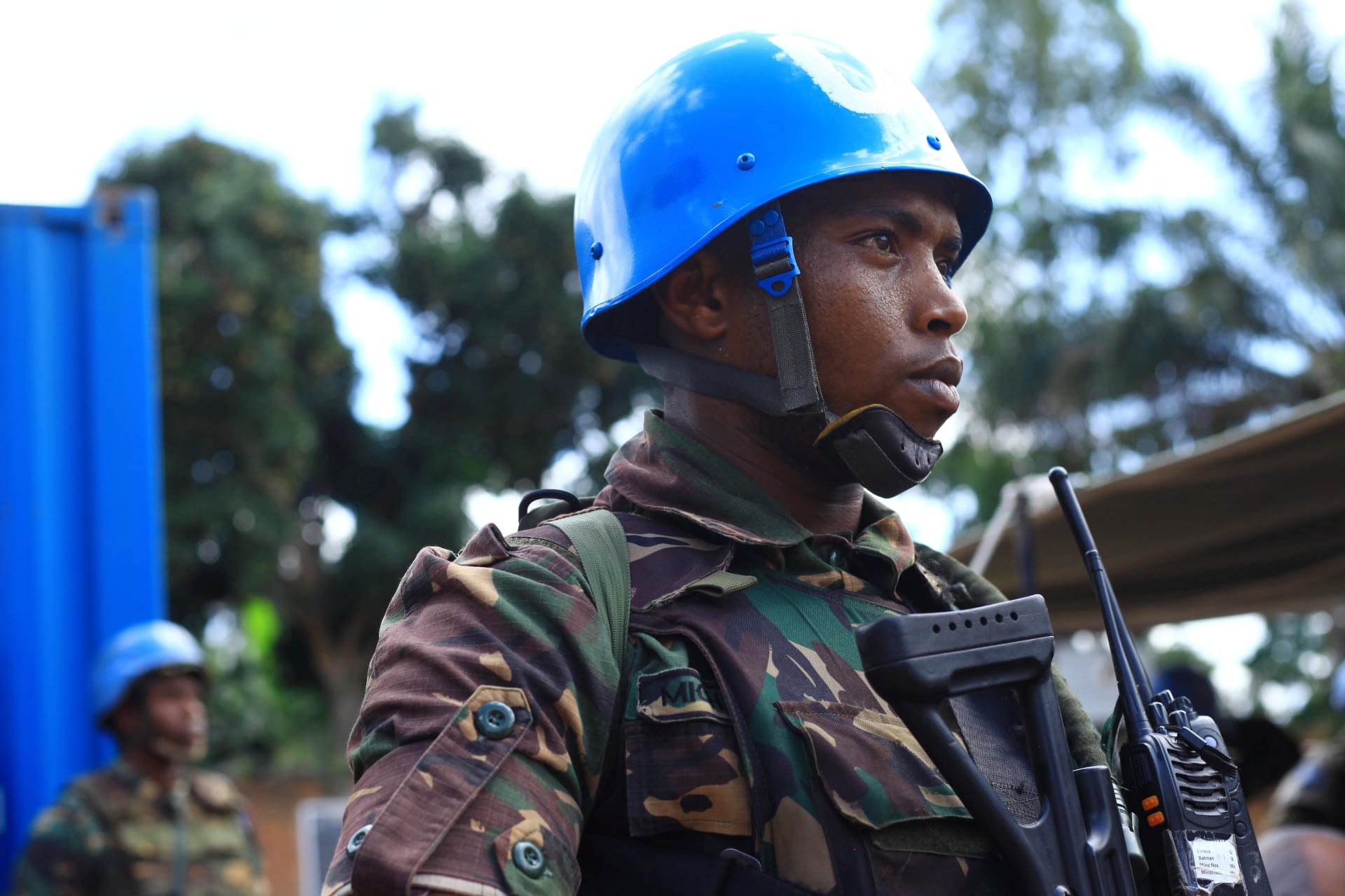 <p>A U.N. peacekeeper serving in the United Nations Organization Stabilization Mission in the Democratic Republic of the Congo (MONUSCO) in Beni territory, North Kivu province of the Democratic Republic of Congo, November 17, 2018</p>
