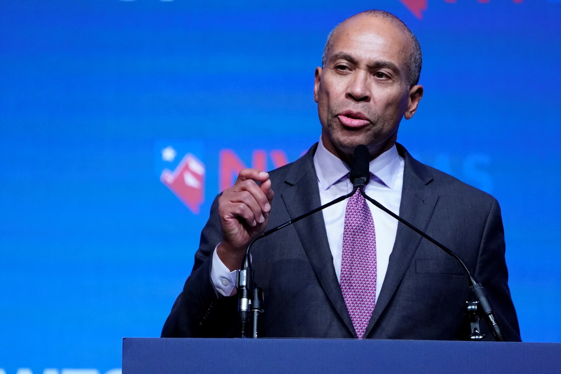 <p>Deval Patrick speaks at a First in the West event in Las Vegas, Nevada on November 17, 2019. Carlo Allegri/REUTERS</p>
