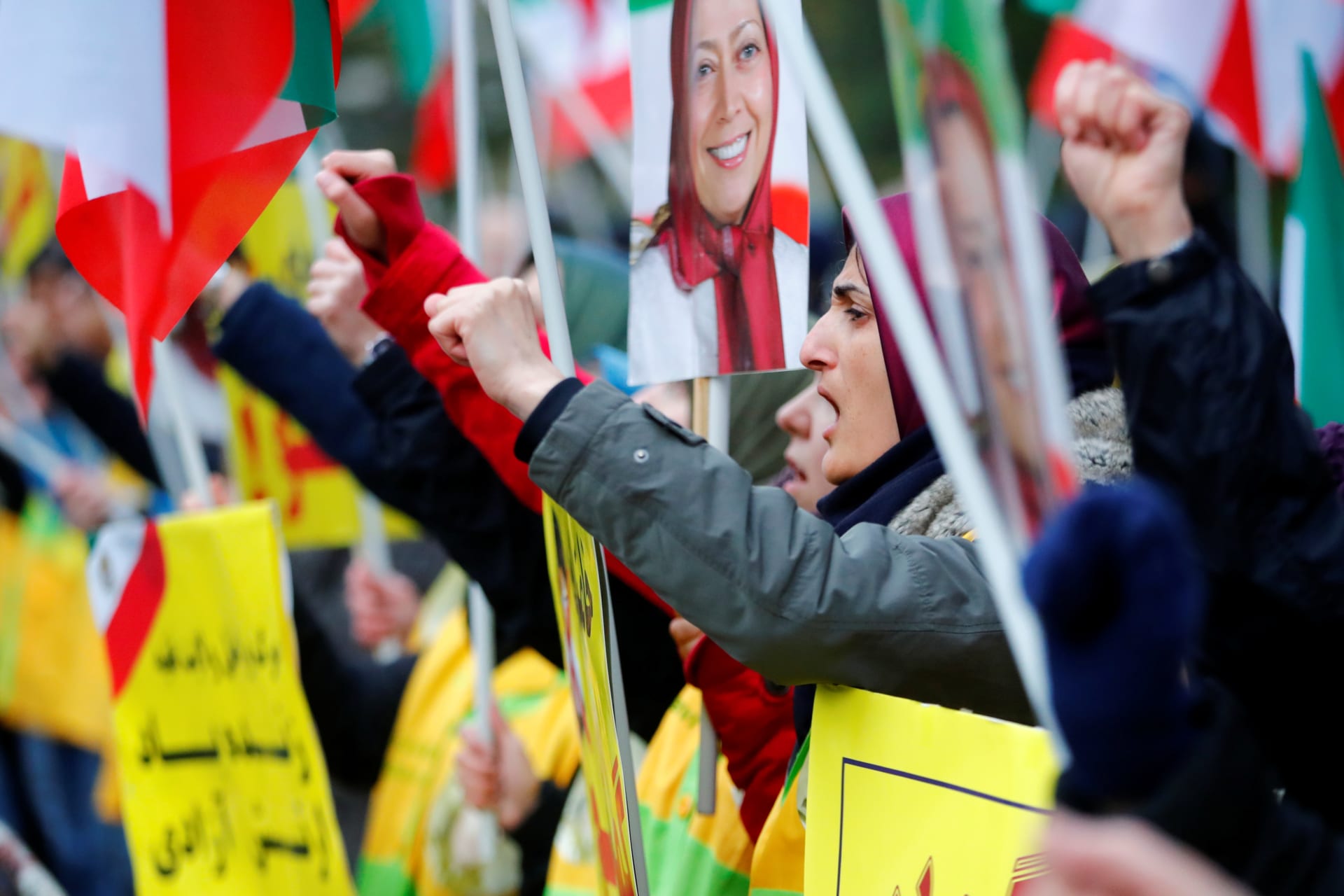 <p>People attend a protest organised by National Council of Resistance of Iran in Germany to support nationwide demonstrations in Iran against the rise in gasoline prices, in Berlin, Germany November 17, 2019.</p>
