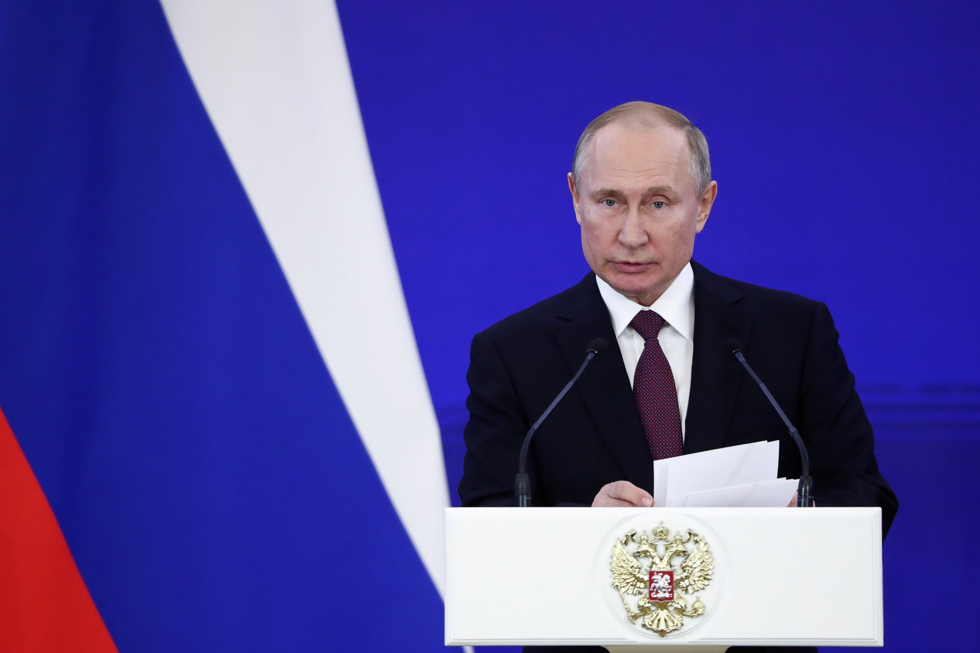 <p>Russian President Vladimir Putin delivers a speech at the Kremlin in Moscow on November 4. </p>
