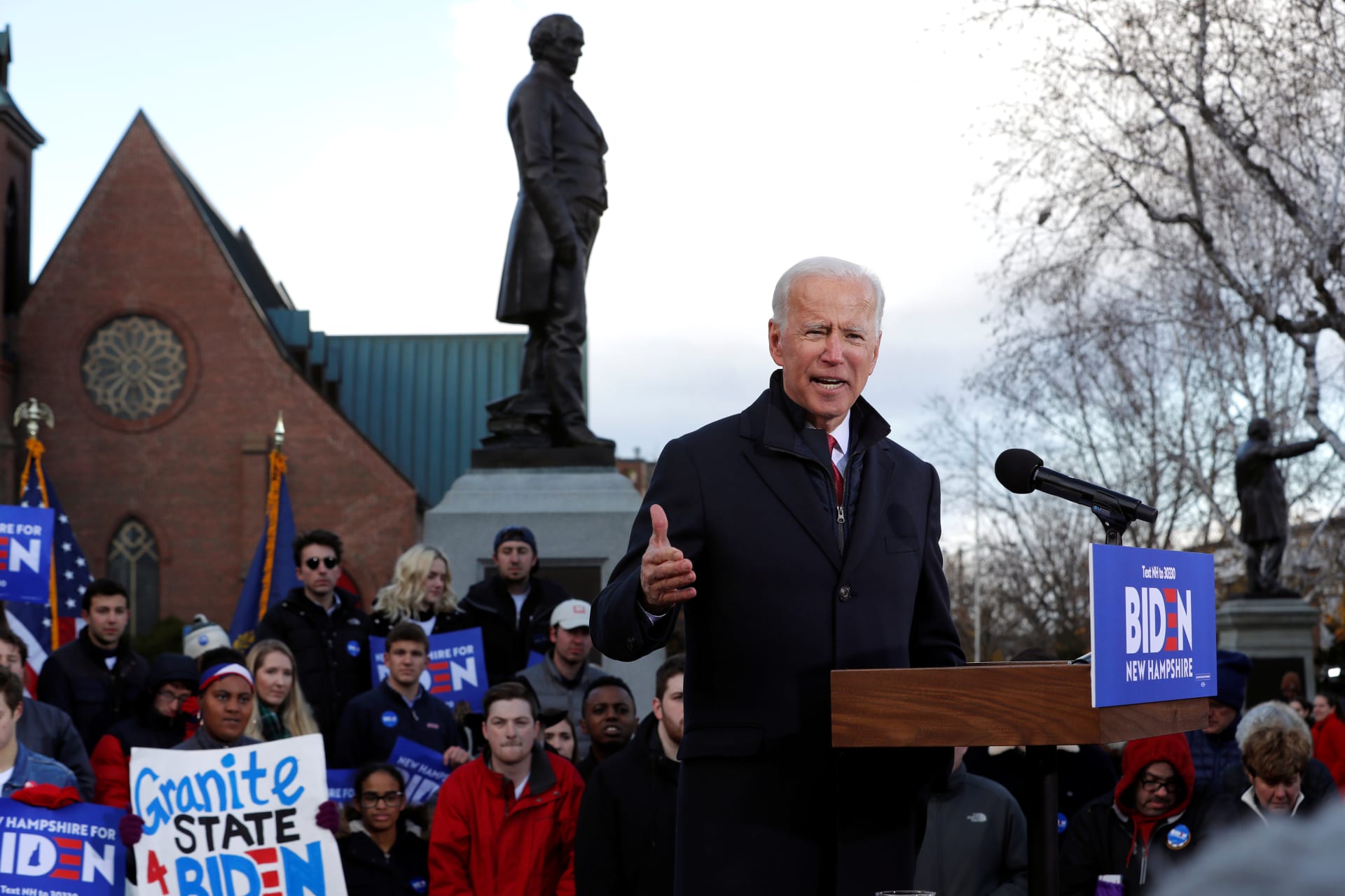 <p>Former Vice President Joe Biden speaks to a crowd after filing for the New Hampshire presidential primary on November 8. </p>