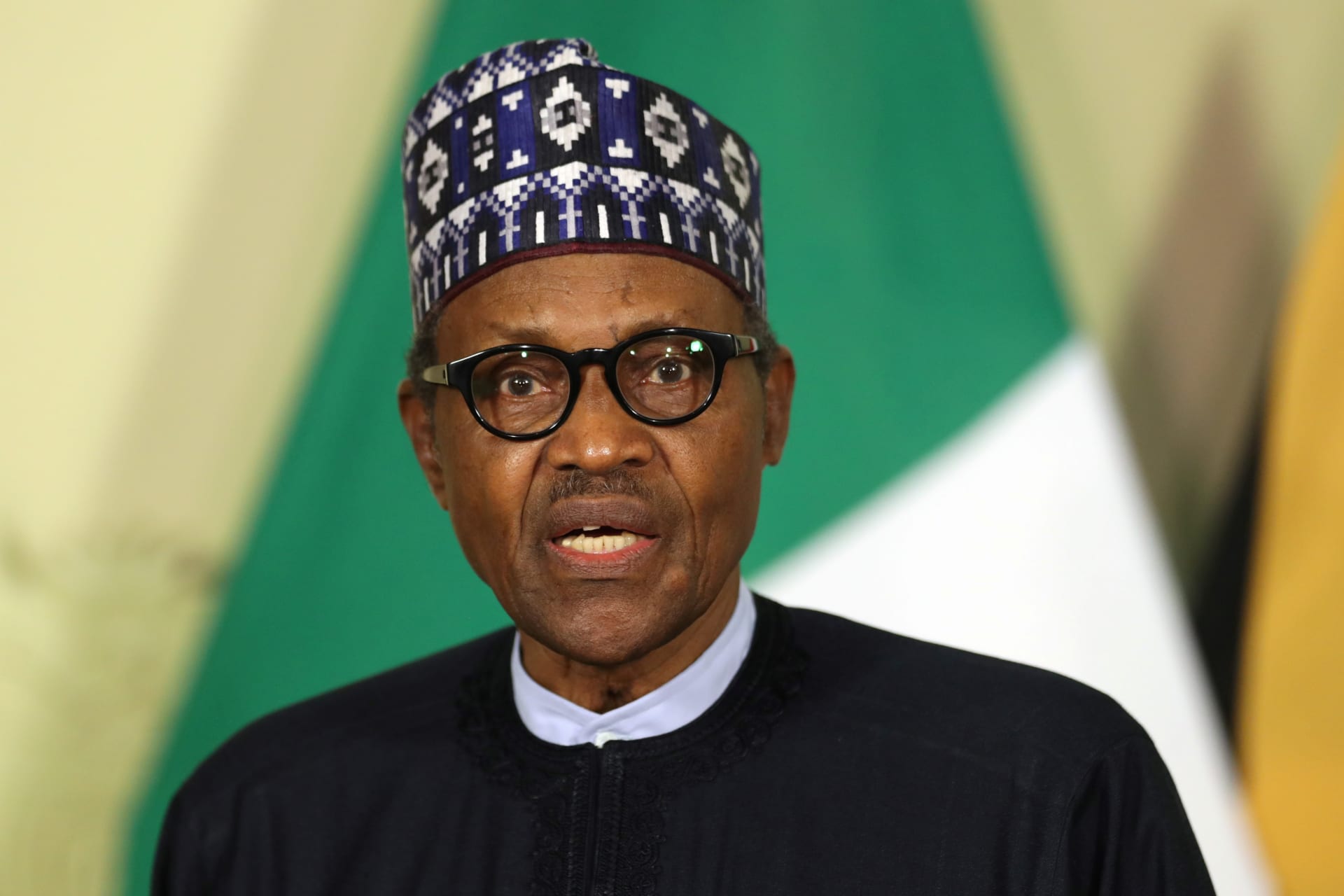 <p>Nigerian President Muhammadu Buhari speaks during a news conference after a meeting with his South African counterpart Cyril Ramaphosa, in Pretoria, South Africa, on October 3, 2019. </p>
