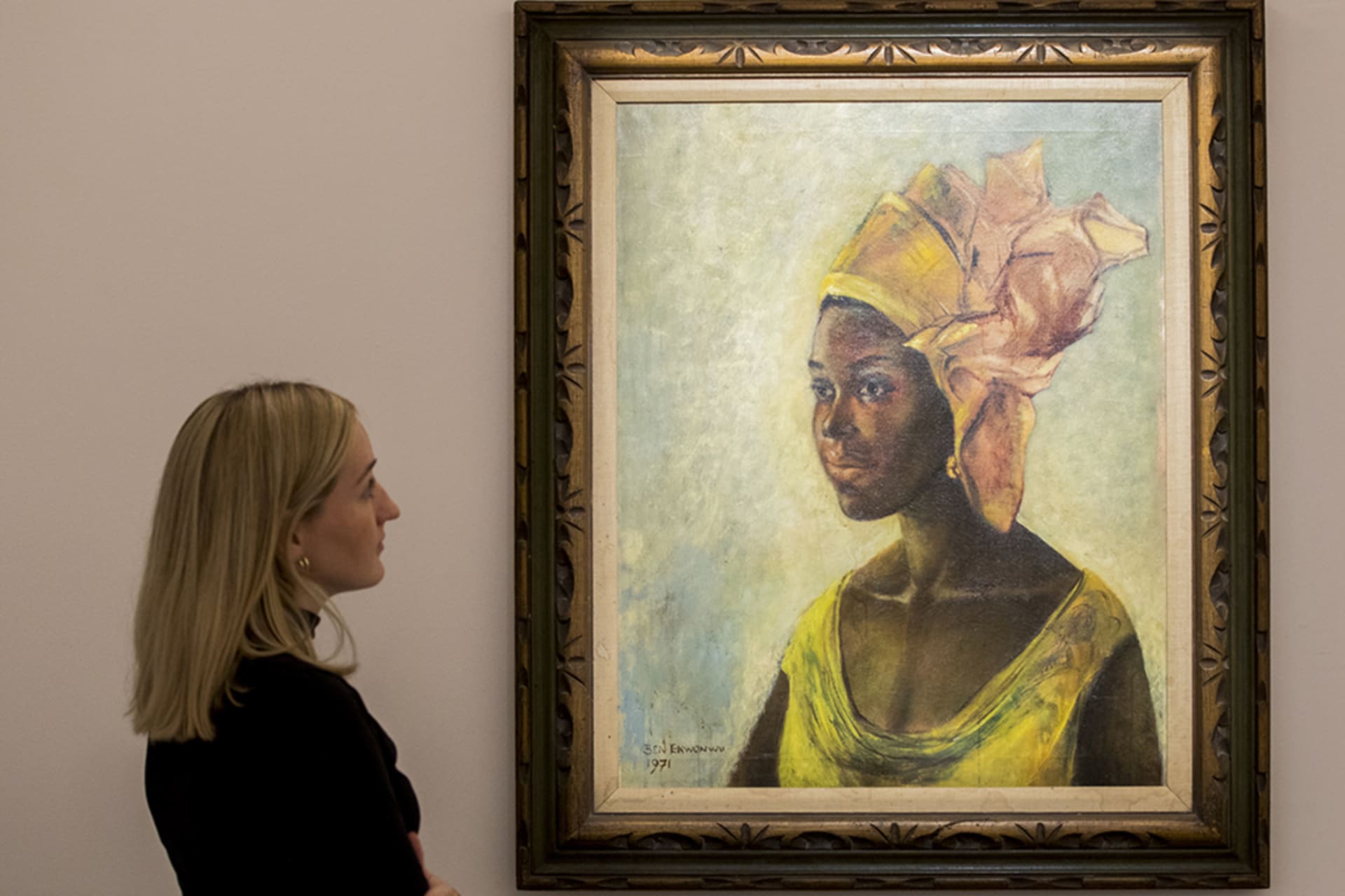 <p>Ben Enwonwu’s ‘Christine’ on view at Sotheby’s on October 12, 2019, in London, England.</p>
