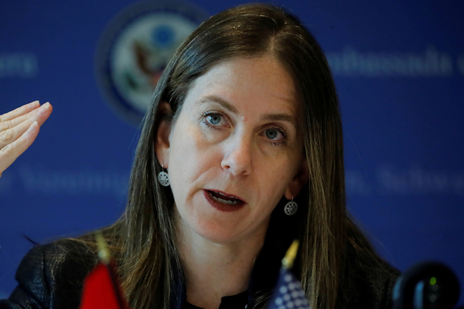 <p> U.S. Treasury Under Secretary for Terrorism and Financial Intelligence Sigal Mandelker addresses a press roundtable at the U.S. embassy in Bern, Switzerland September 10, 2019.</p>
