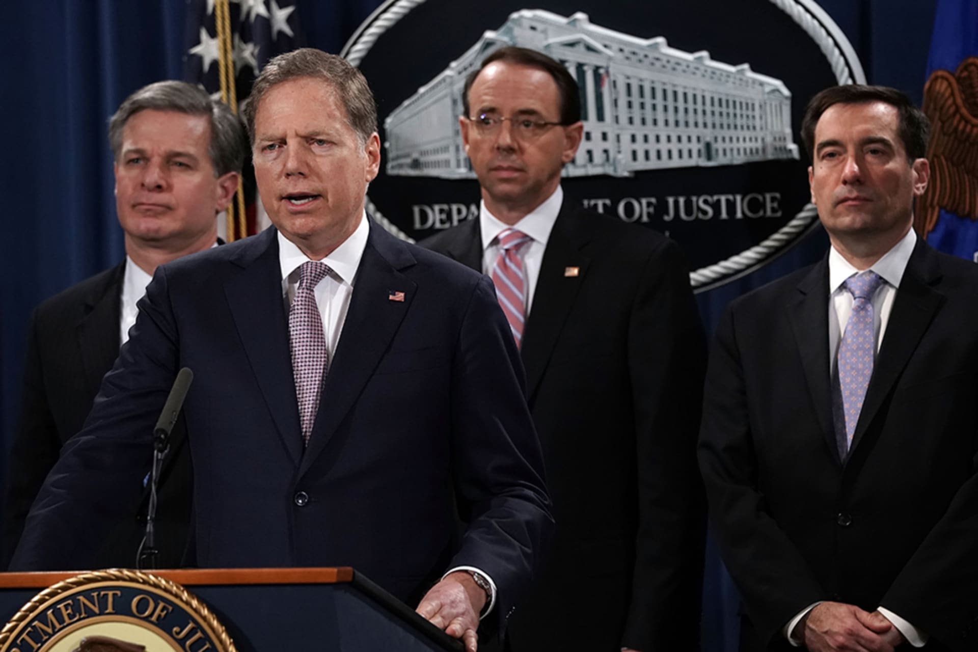 <p>U.S. Attorney for the Southern District of New York Geoffrey Berman (2nd L) speaks as (L-R) FBI Director Christopher Wray, U.S. Deputy Attorney General Rod Rosenstein and Assistant Attorney General for National Security John Demers listen during a news co</p>
