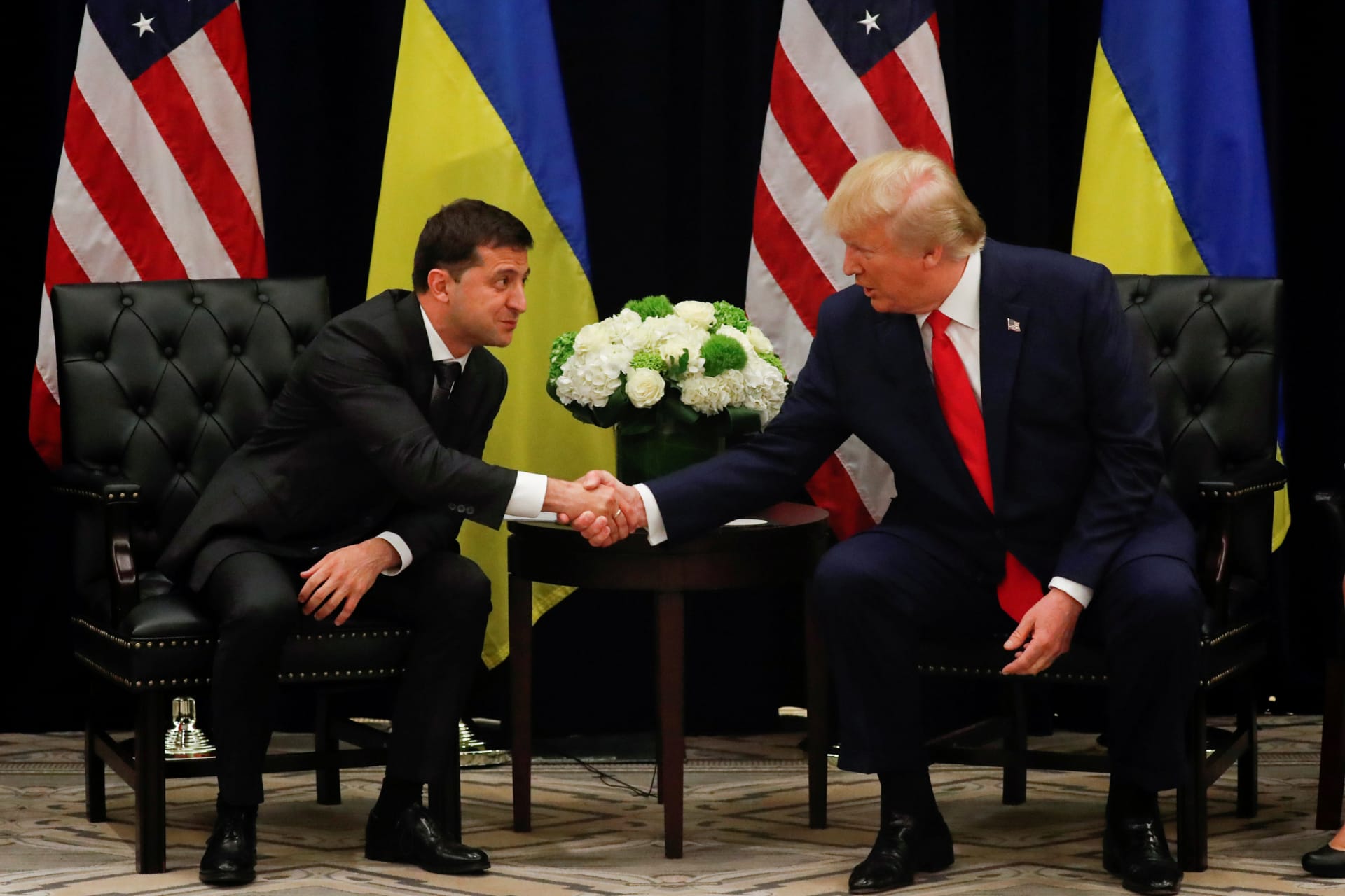 <p>Ukrainian President Volodymyr Zelensky speaks with President Trump at the United Nations General Assembly on September 25.</p>
