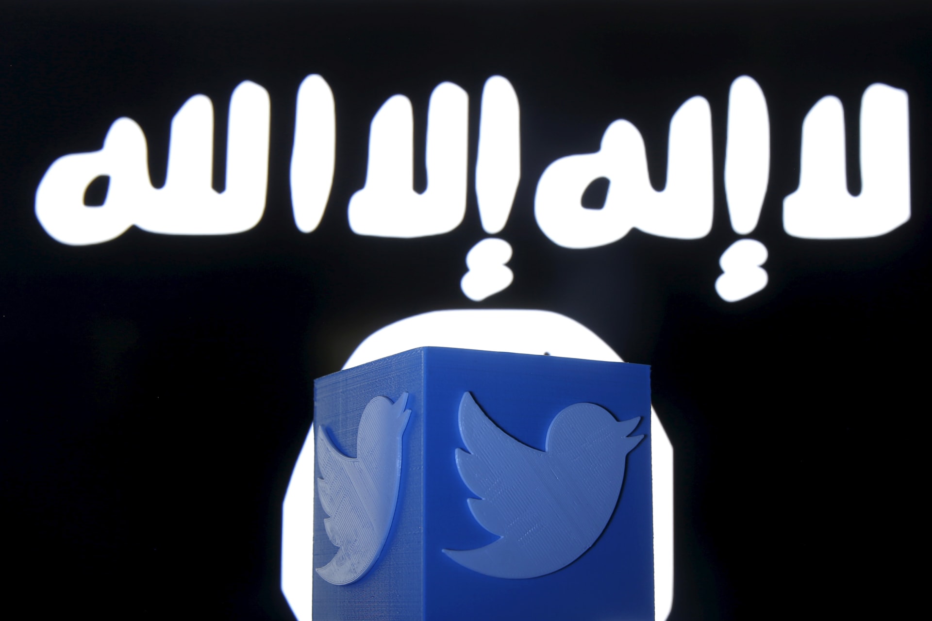 <p>A 3D-printed Twitter logo is seen in front of a computer screen on which an Islamic State flag is displayed.</p>