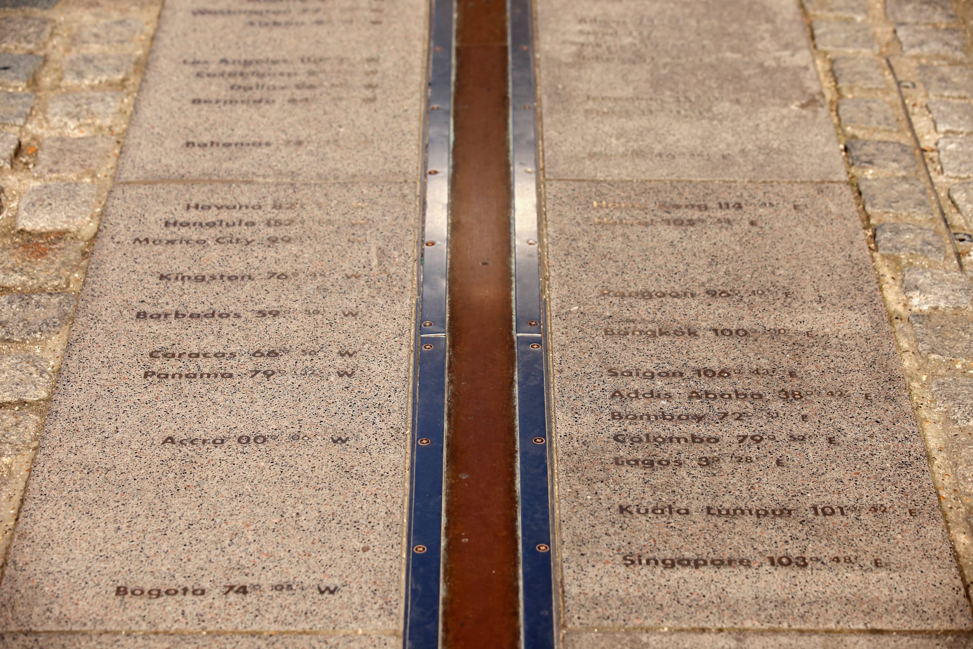 <p>A line marks the ‘Prime Meridian of the World’ at Longitude 0 degrees at the Royal Observatory in Greenwich on March 26, 2012, in London. </p>
