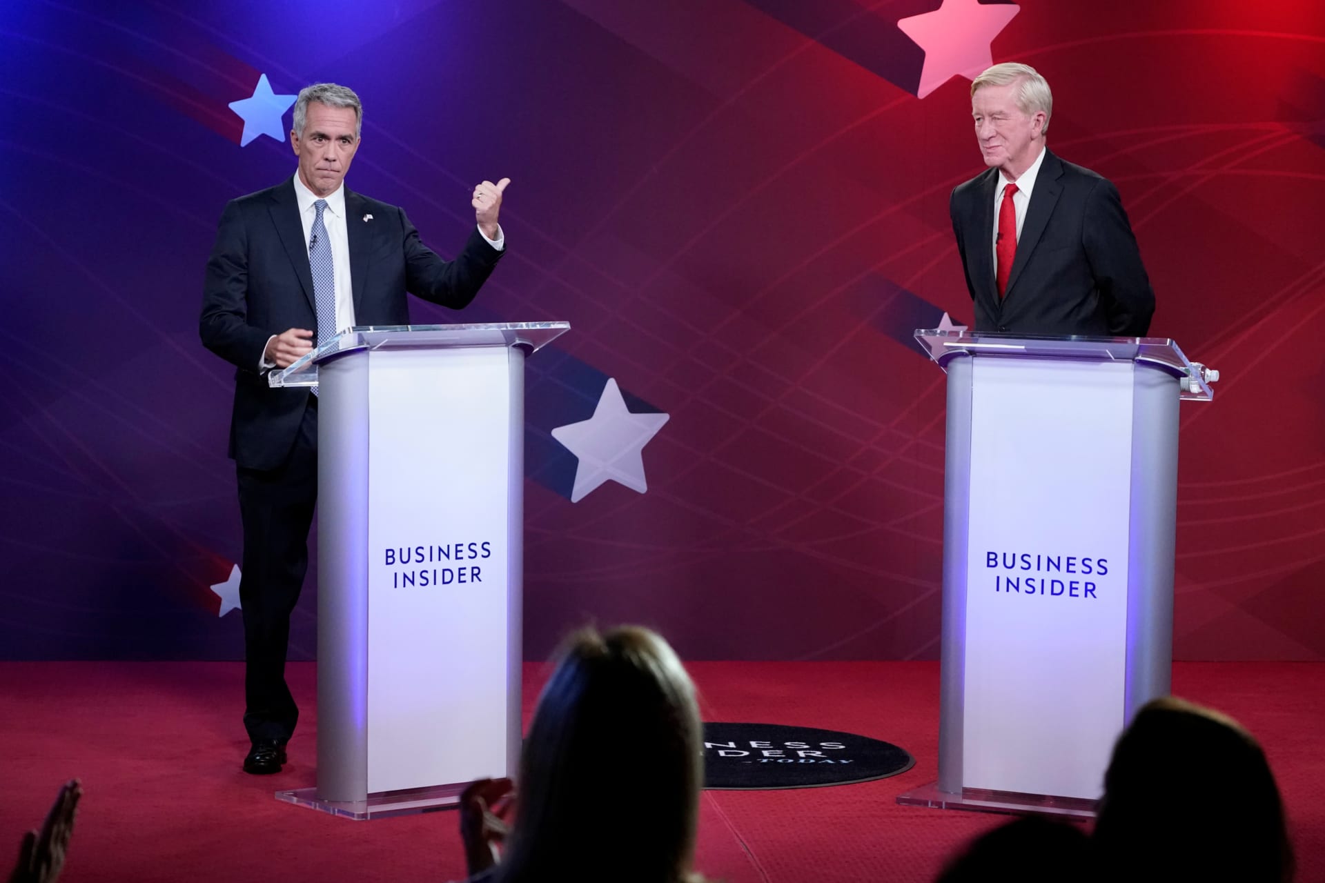 <p>President Trump’s Republican challengers, former Congressman Joe Walsh (l) and former Massachusetts Governor William Weld (r), debate each other in New York on September 24. Mark Kauzlarich/Reuters</p>
