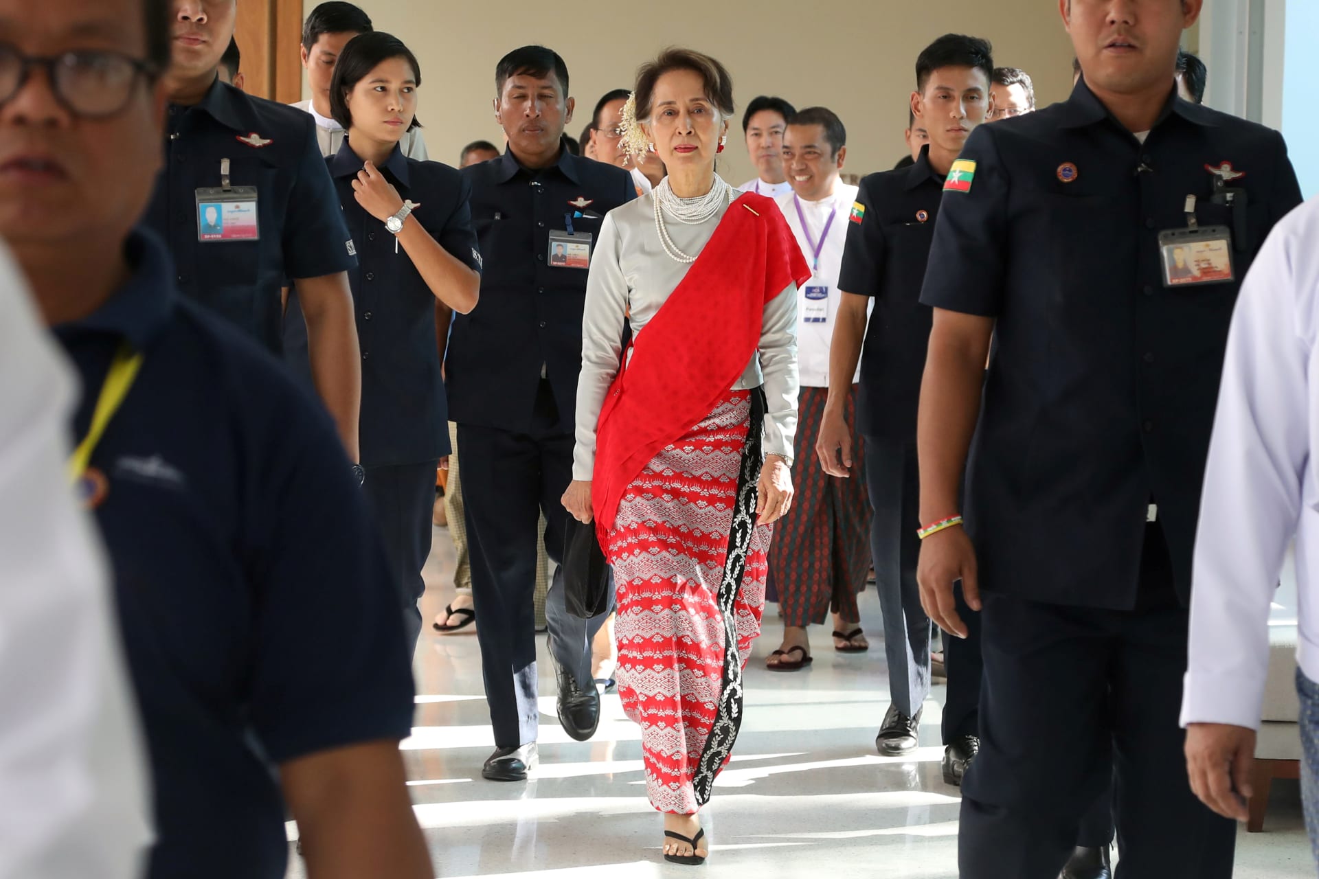 <p>Myanmar’s State Counsellor Aung San Suu Kyi arrives at the Rakhine State Investment Fair at Ngapali beach in Thandwe, Rakhine, Myanmar on February 22, 2019.</p>
