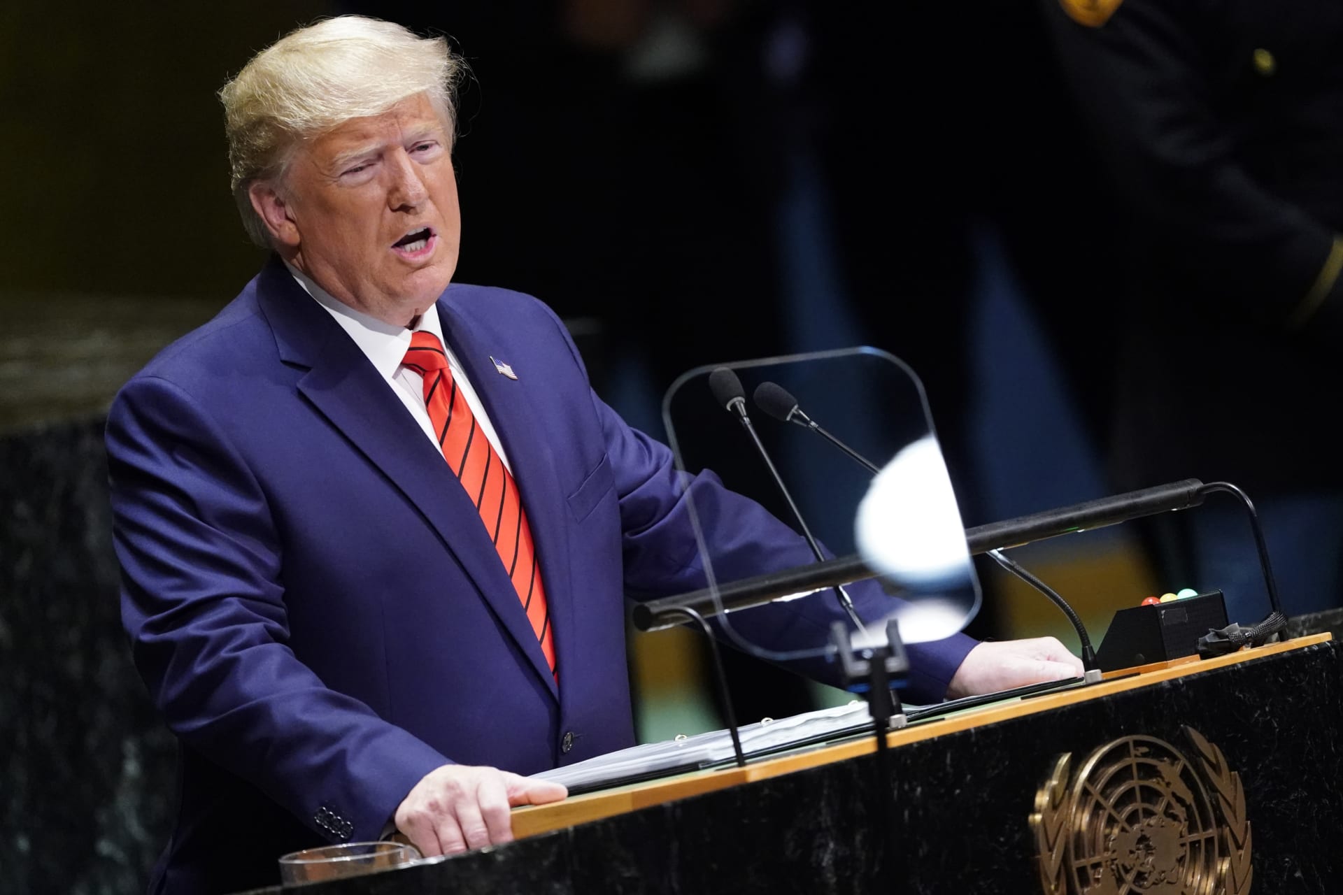 <p>U.S. President Donald J. Trump addresses the 74th session of the United Nations General Assembly in New York City, NY on September 24, 2019. </p>
