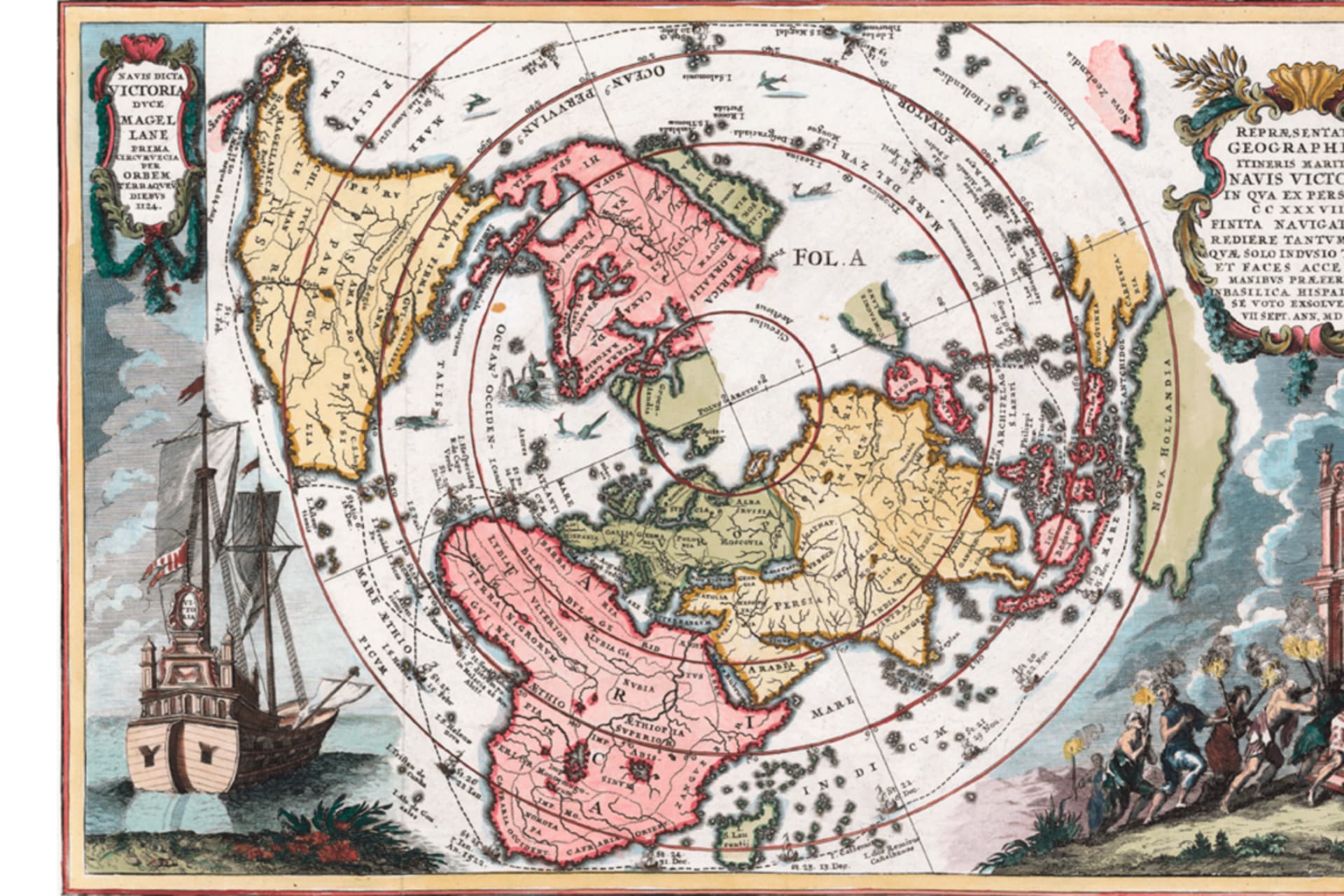 <p>Heinrich Scherer’s Magellanic world map entitled “Representatio Geographica Itineris Maritimi Navis Victoriae…,” showing the route of Magellan’s circumnavigation and the Victoria, the only remaining ship from Magellan’s armada. </p>
