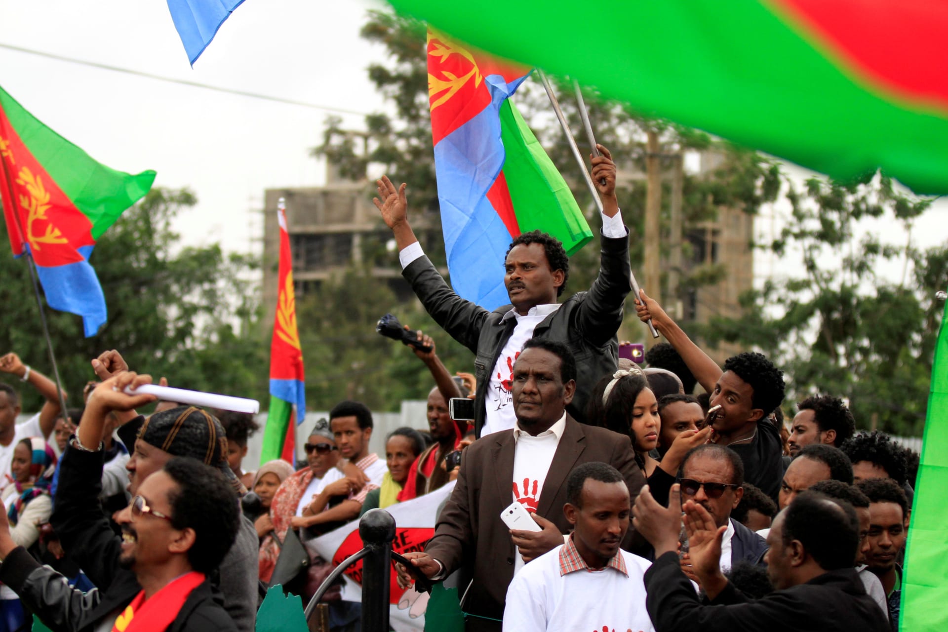 <p>Eritrean refugees participate in a demonstration in support of a U.N. human rights report accusing Eritrean leaders of crimes against humanity in front of the Africa Union headquarters in Ethiopia’s capital Addis Ababa, June 23, 2016</p>
