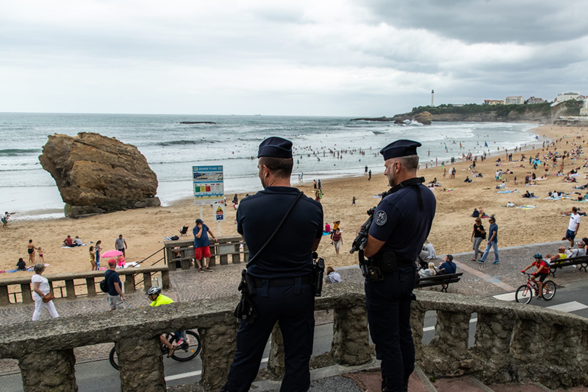 <p>Police officers patrol the beach in Biarritz, France, ahead of the G7 summit.</p>
