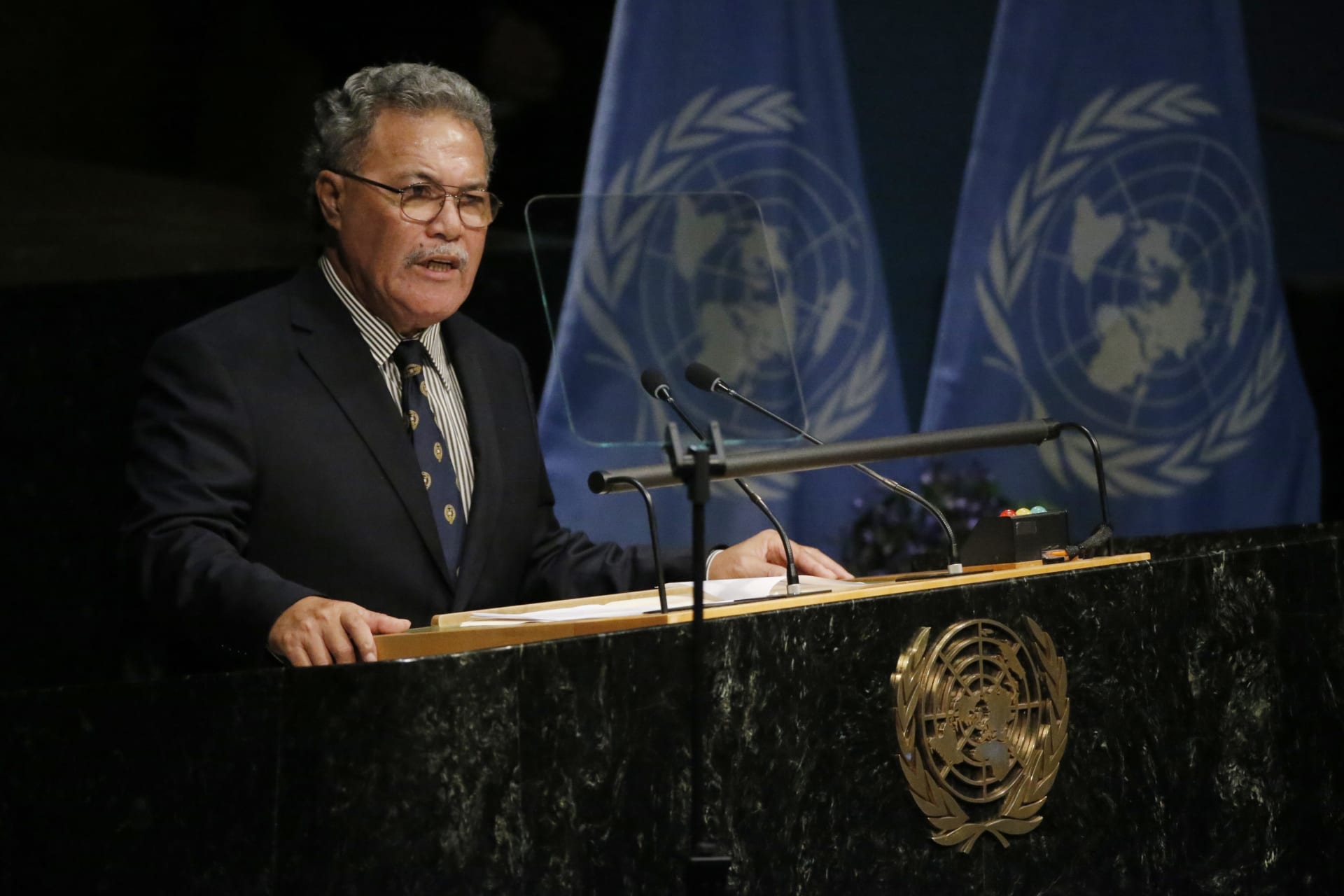 <p>Tuvalu Prime Minister Enele Sopoaga delivers remarks at UN Headquarters in New York on April 22, 2016. </p>
