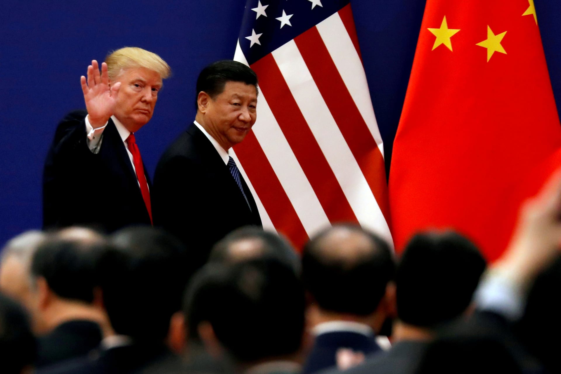 <p>U.S. President Donald J. Trump and China’s President Xi Jinping meet business leaders at the Great Hall of the People in Beijing, China, on November 9, 2017.</p>
