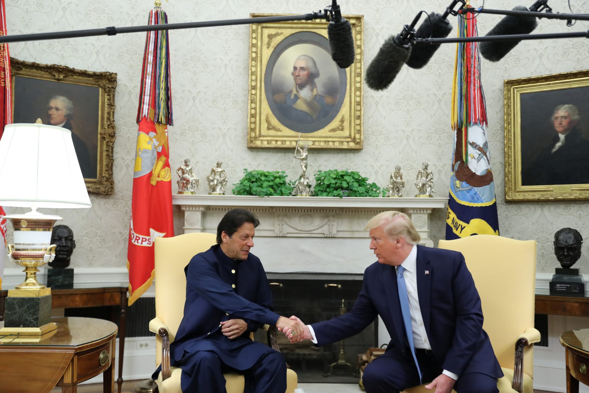 <p>Pakistan’s Prime Minister Imran Khan shakes hands with U.S. President Donald J. Trump at the start of their meeting in the Oval Office of the White House in Washington, U.S., on July 22, 2019. </p>
