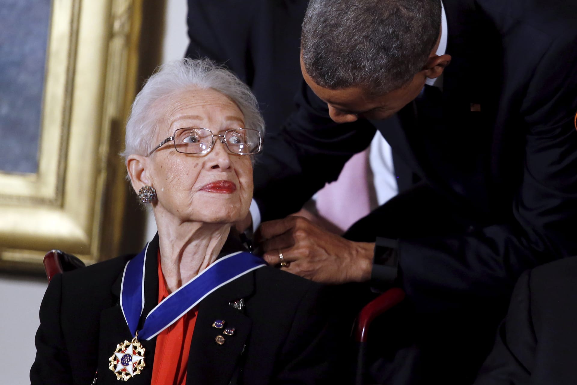 <p>President Barack Obama presents the Presidential Medal of Freedom to NASA mathematician Katherine G. Johnson at the White House on November 24, 2015. </p>

