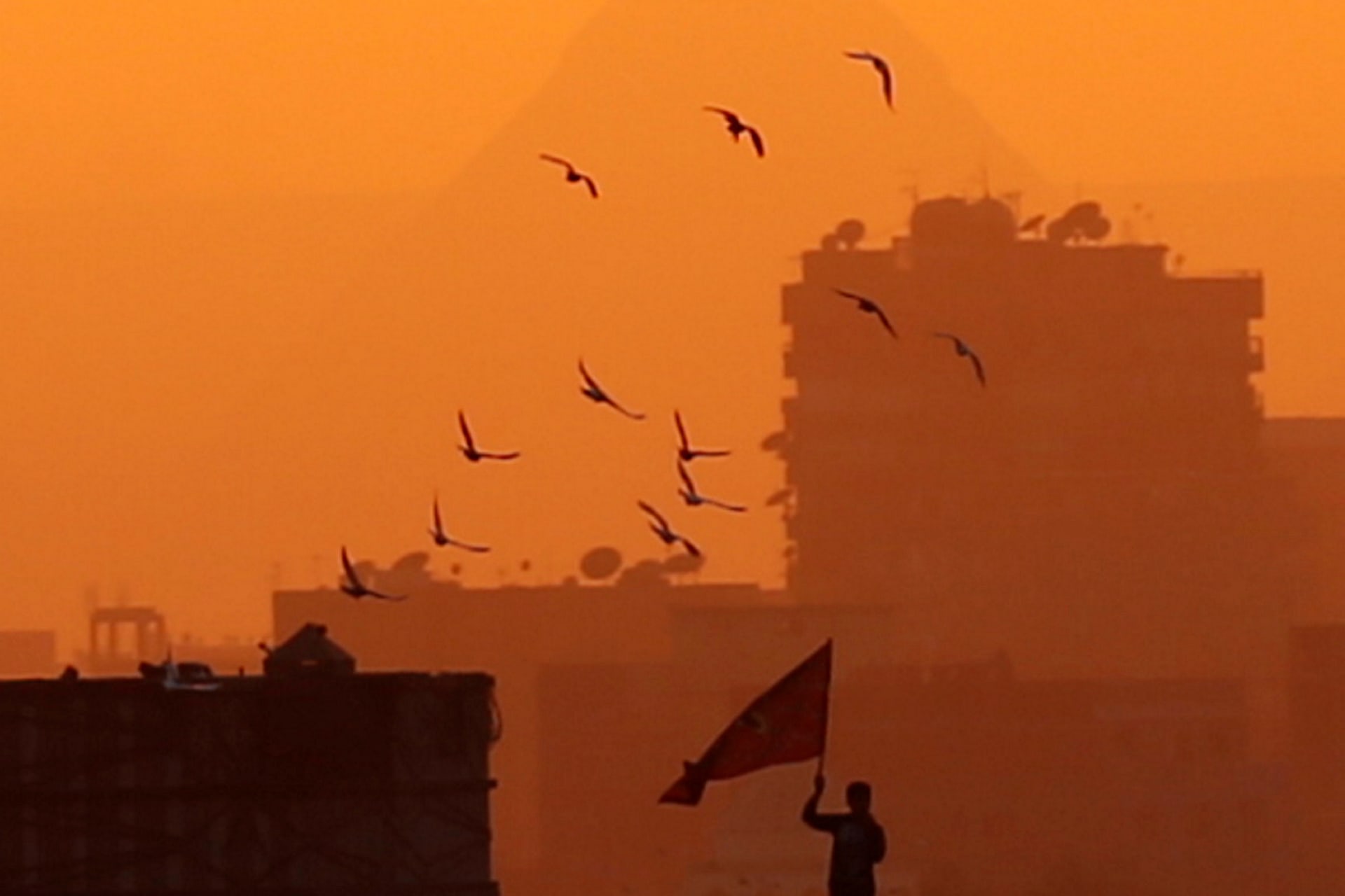 <p>An Egyptian pigeon fancier waves on his pigeons with a flag of Al Ahly Sport Club to guide them as the Great Pyramids are seen during sunset in Cairo, Egypt November 19, 2018. </p>
