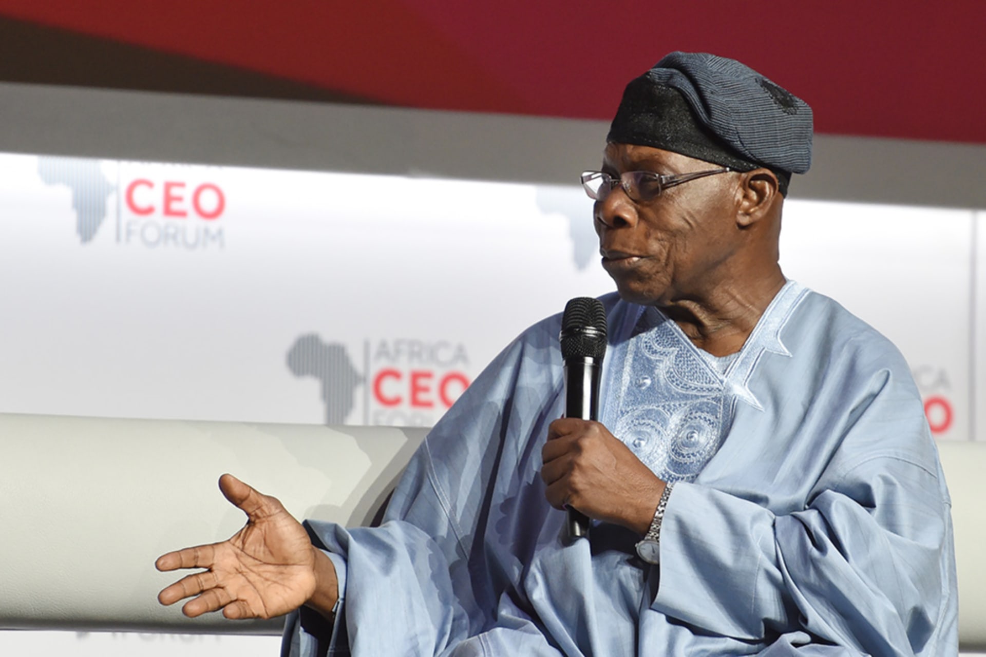 <p>Former Nigerian President Olusegun Obasanjo attends the Africa CEO Forum as part of the panel on economic recovery on March 27, 2018 in Abidjan, Ivory Coast.</p>

