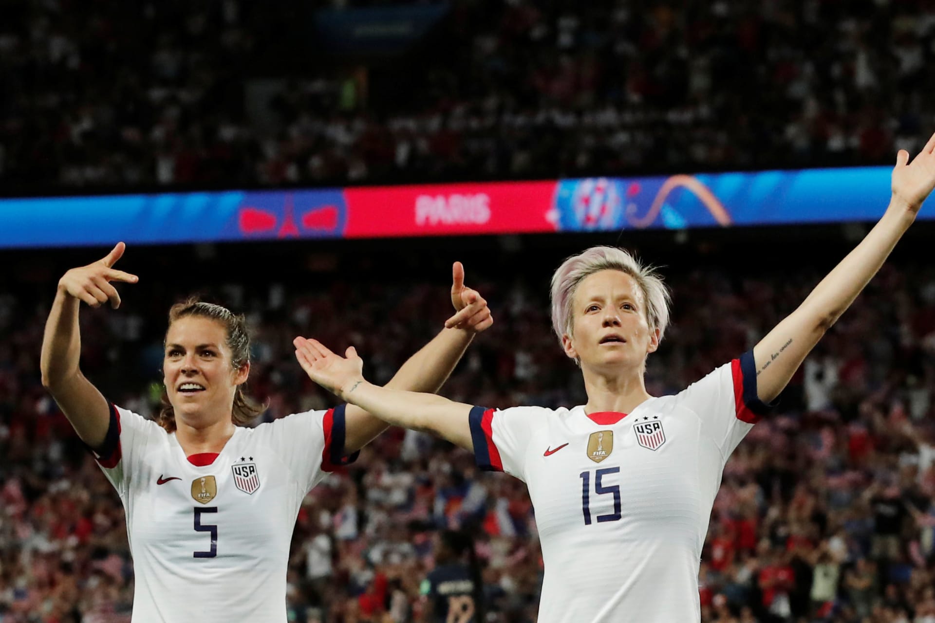 <p>Megan Rapinoe celebrates scoring the United States’ second goal in quarter-final game against France.</p>
