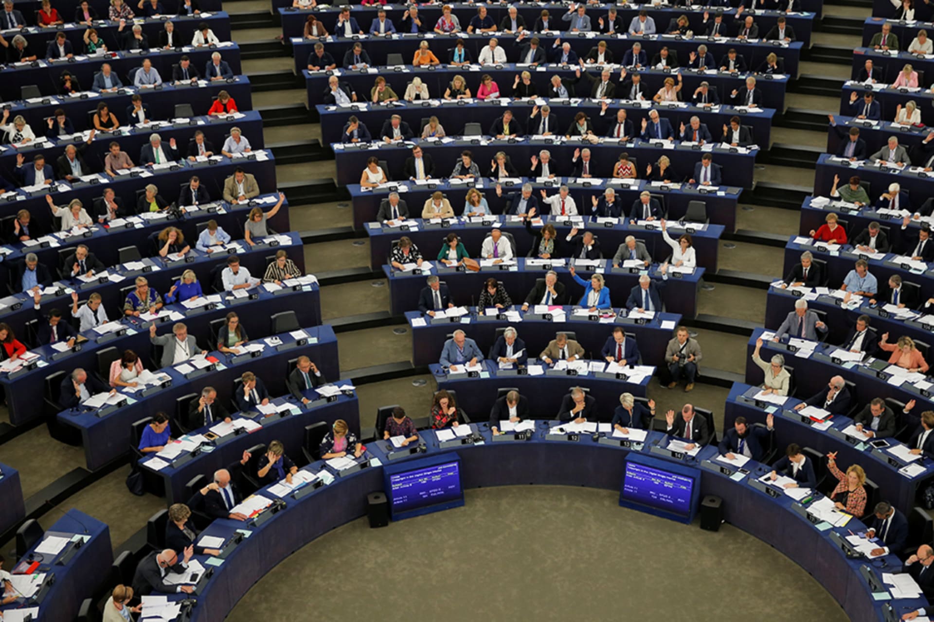 <p>Members of the European Parliament during a voting session at the parliament’s seat in France.</p>

