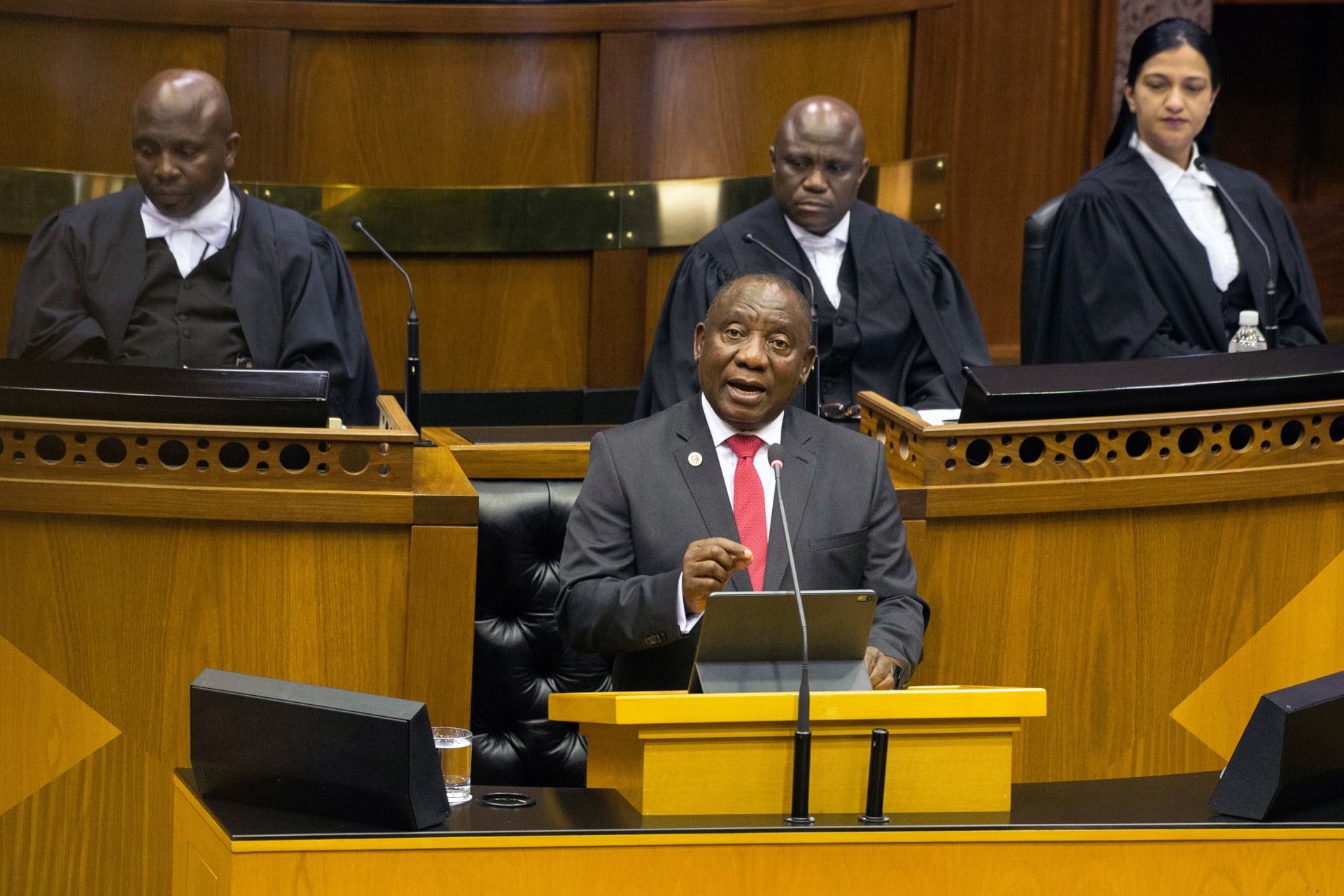 <p>South African President Cyril Ramaphosa delivers his State of the Nation Address at parliament in Cape Town, South Africa, June 20, 2019</p>
