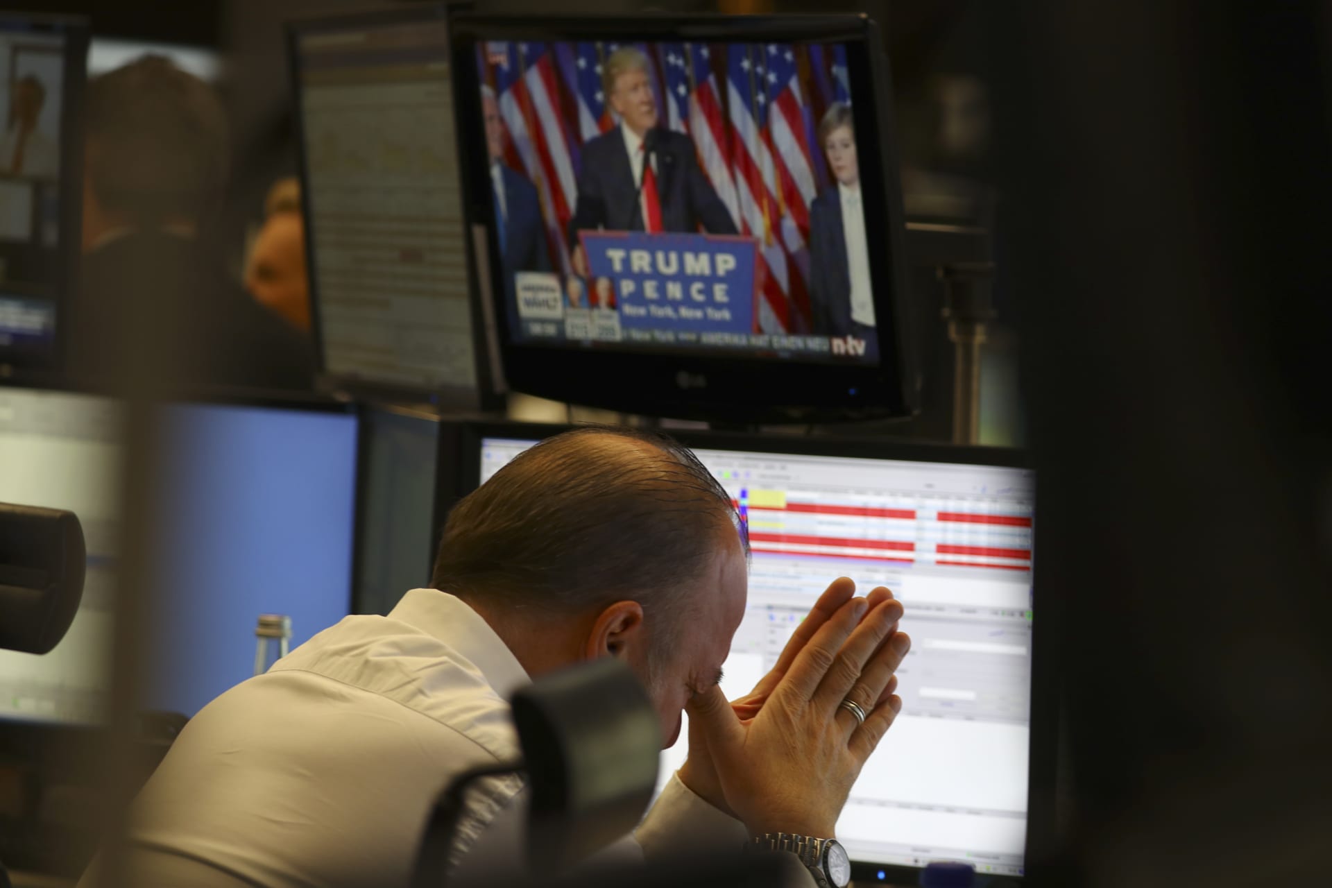 <p>A trader at the stock exchange reacts in Frankfurt, Germany on November 9, 2016.</p>
