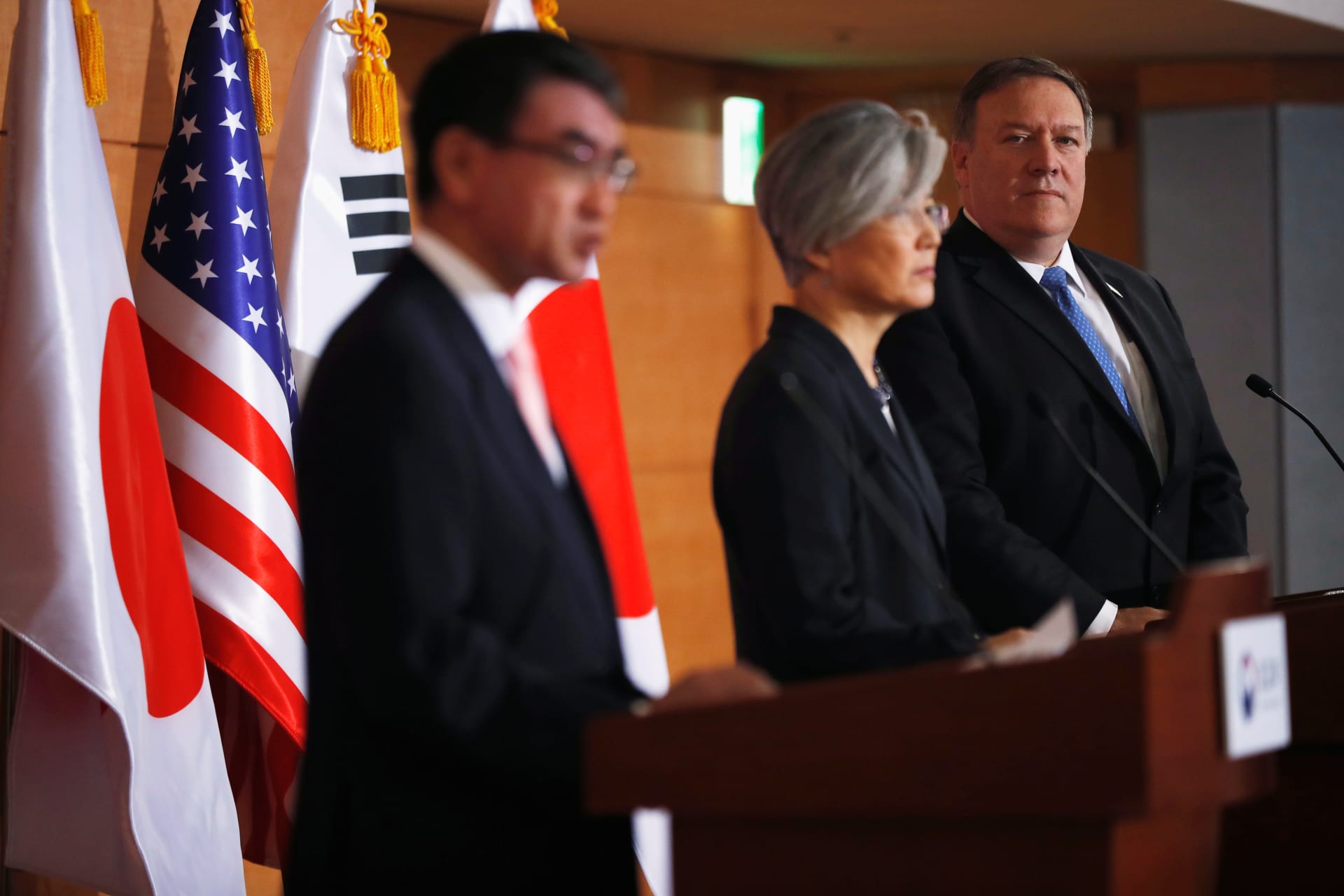 <p>U.S. Secretary of State Mike Pompeo looks on next to South Korea’s Foreign Minister Kang Kyung-wha and Japan’s Foreign Minister Taro Kono during a joint news conference at the Foreign Ministry in Seoul, South Korea on June 14, 2018.</p>
