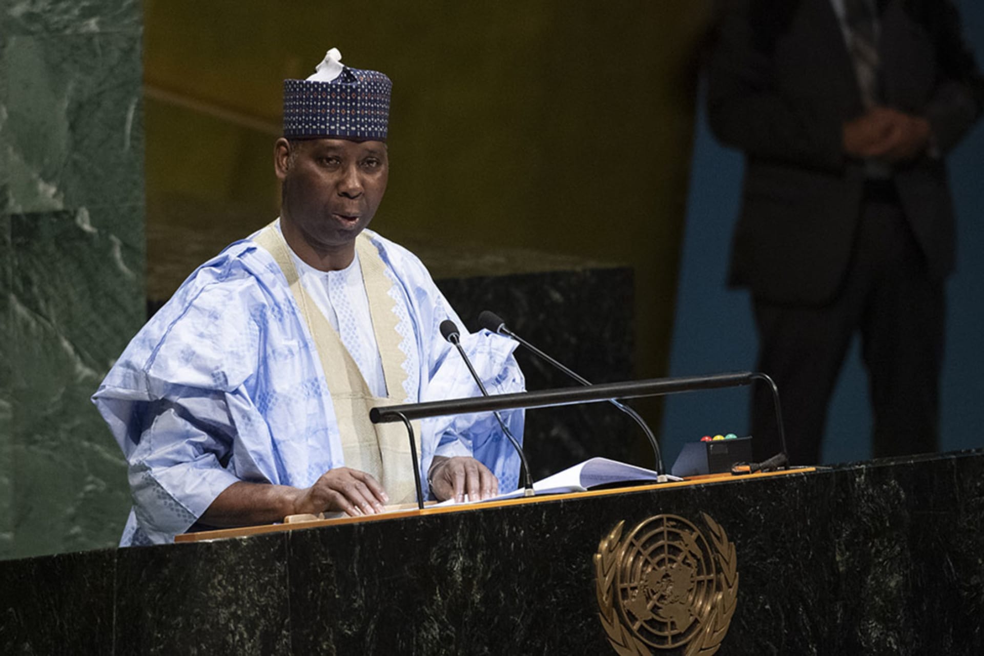 <p>Tijjani Muhammad-Bande, permanent representative of Nigeria to the United Nations, addresses the General Assembly upon his election as president of the Assembly’s seventy-fourth session, on June 4, 2019.</p>
