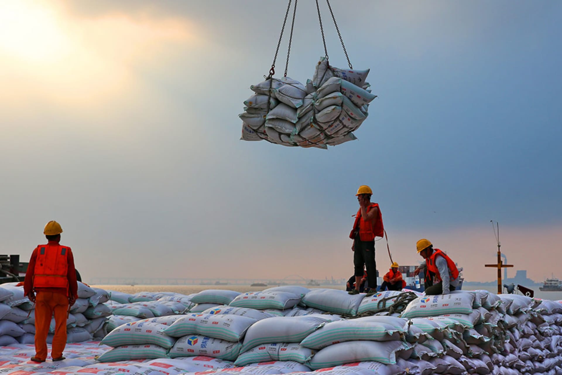 <p>Workers transfer sacks of soybeans imported from Brazil at a Chinese port.</p>
