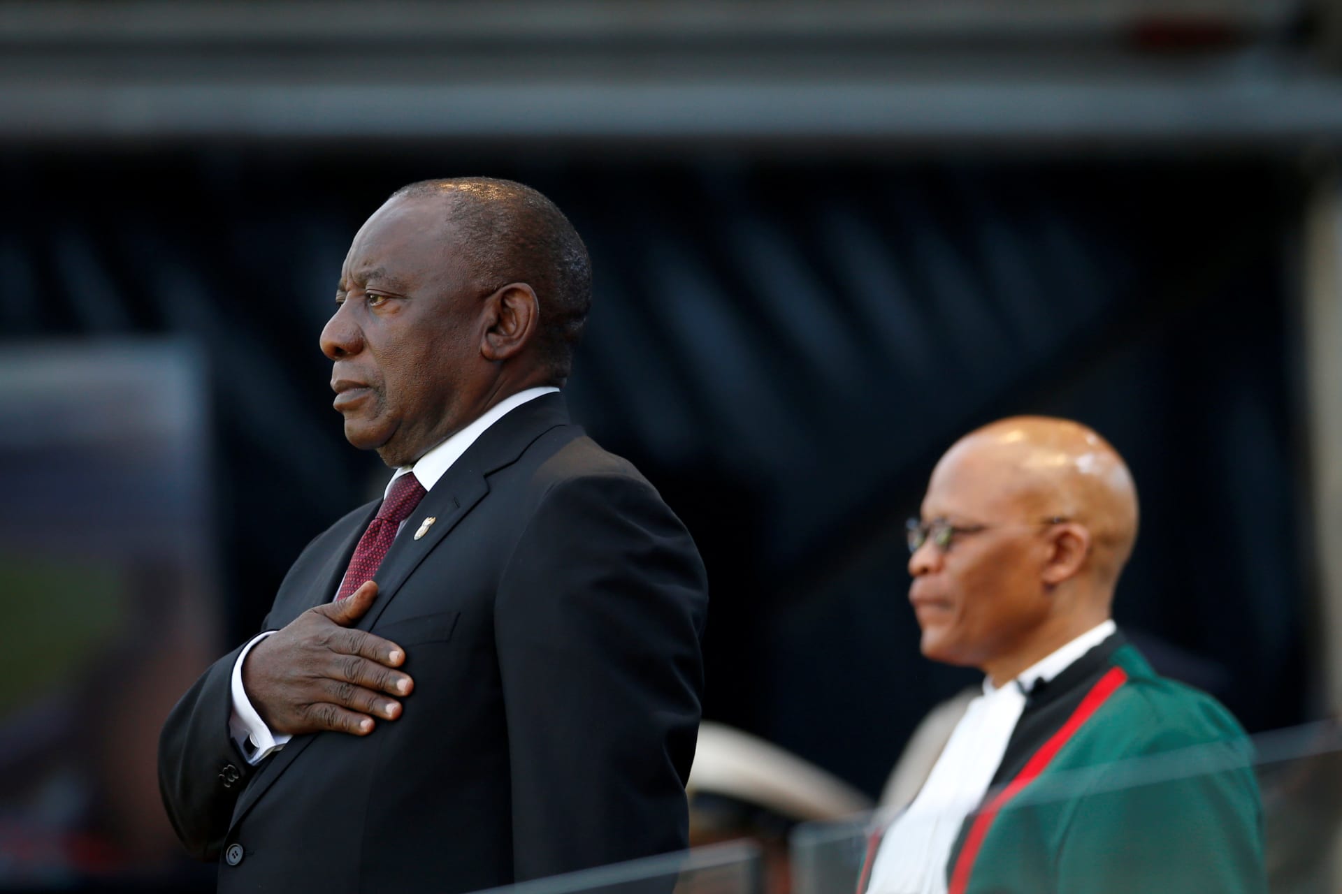 <p>Cyril Ramaphosa takes the oath of office at his inauguration as South African president, at Loftus Versfeld stadium in Pretoria, South Africa, on May 25, 2019.</p>
